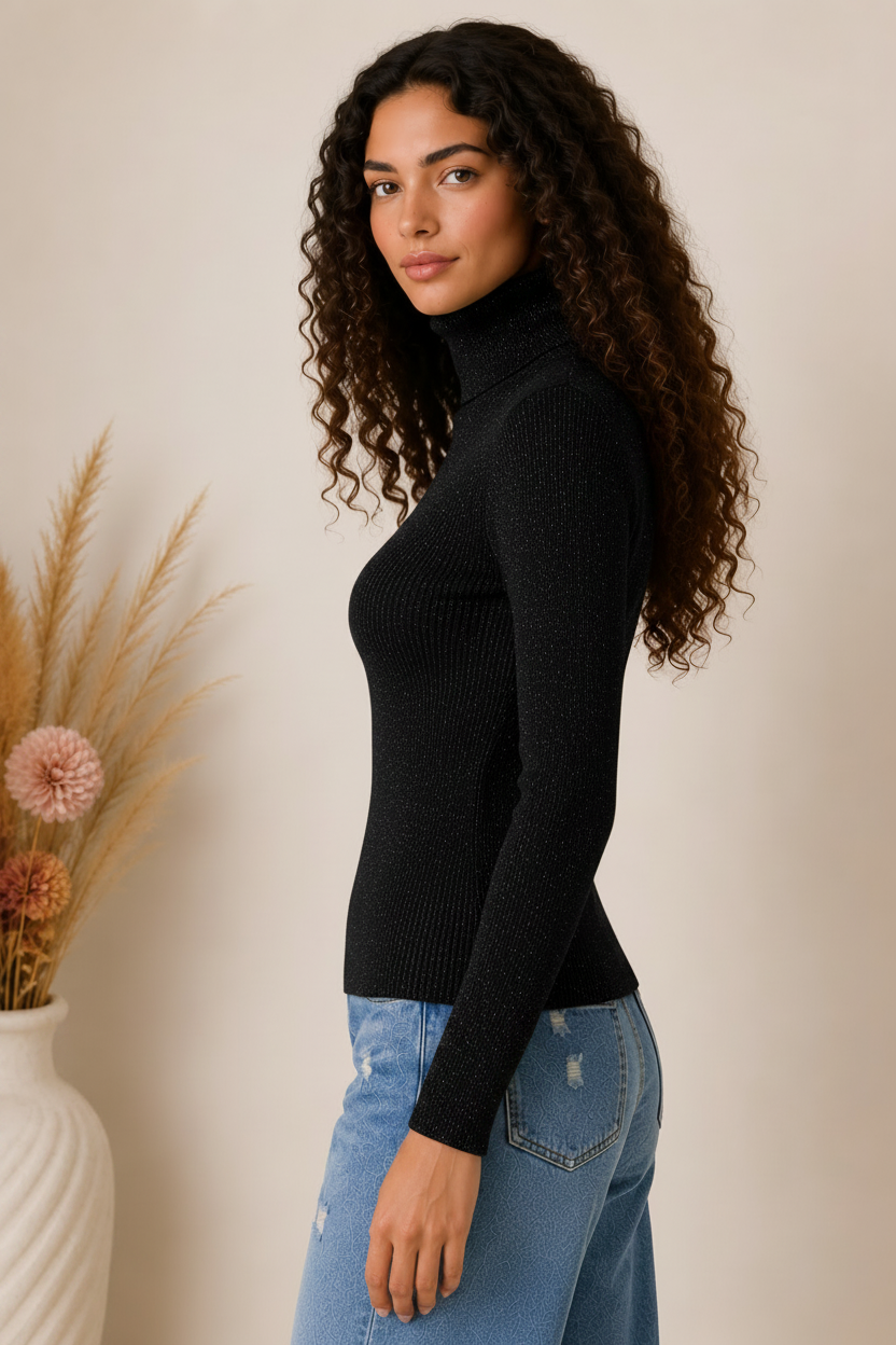 Maglia collo alto basica in costina con lurex - LE SARTE DEL SOLE
