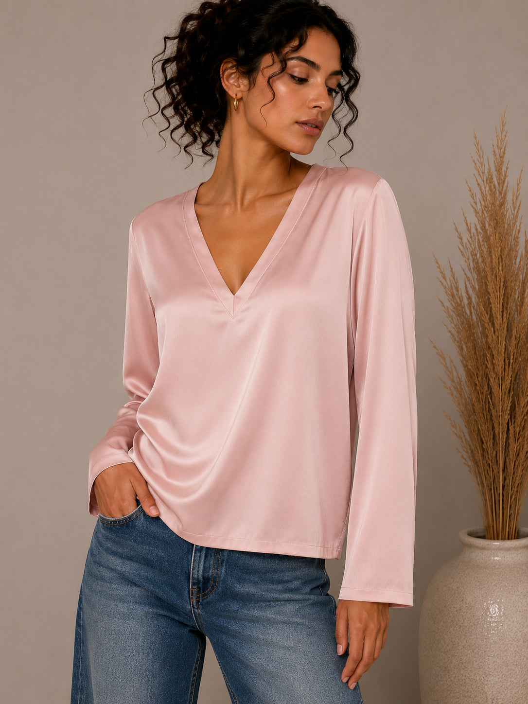 Satin V-Neck Blouse - SHE_FLORENCE_LAB