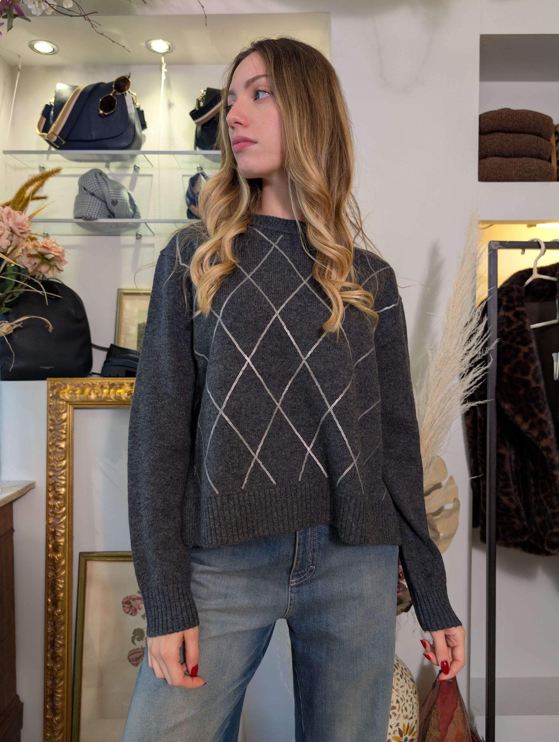 Maglia in pura lana con rombi di micropaillettes - SHE_FLORENCE_LAB