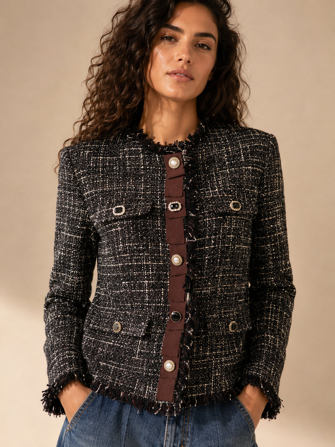 Giacca tweed con bottoni gioiello e gros grain - .SOLO TRE