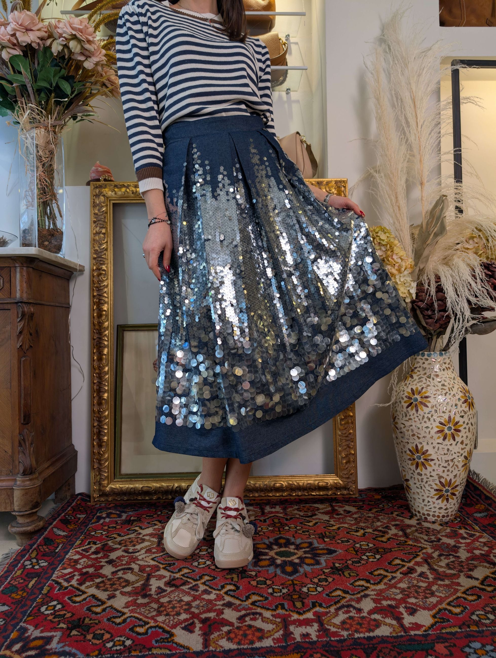 Gonna denim couture con paillettes ricamate - DIXIE