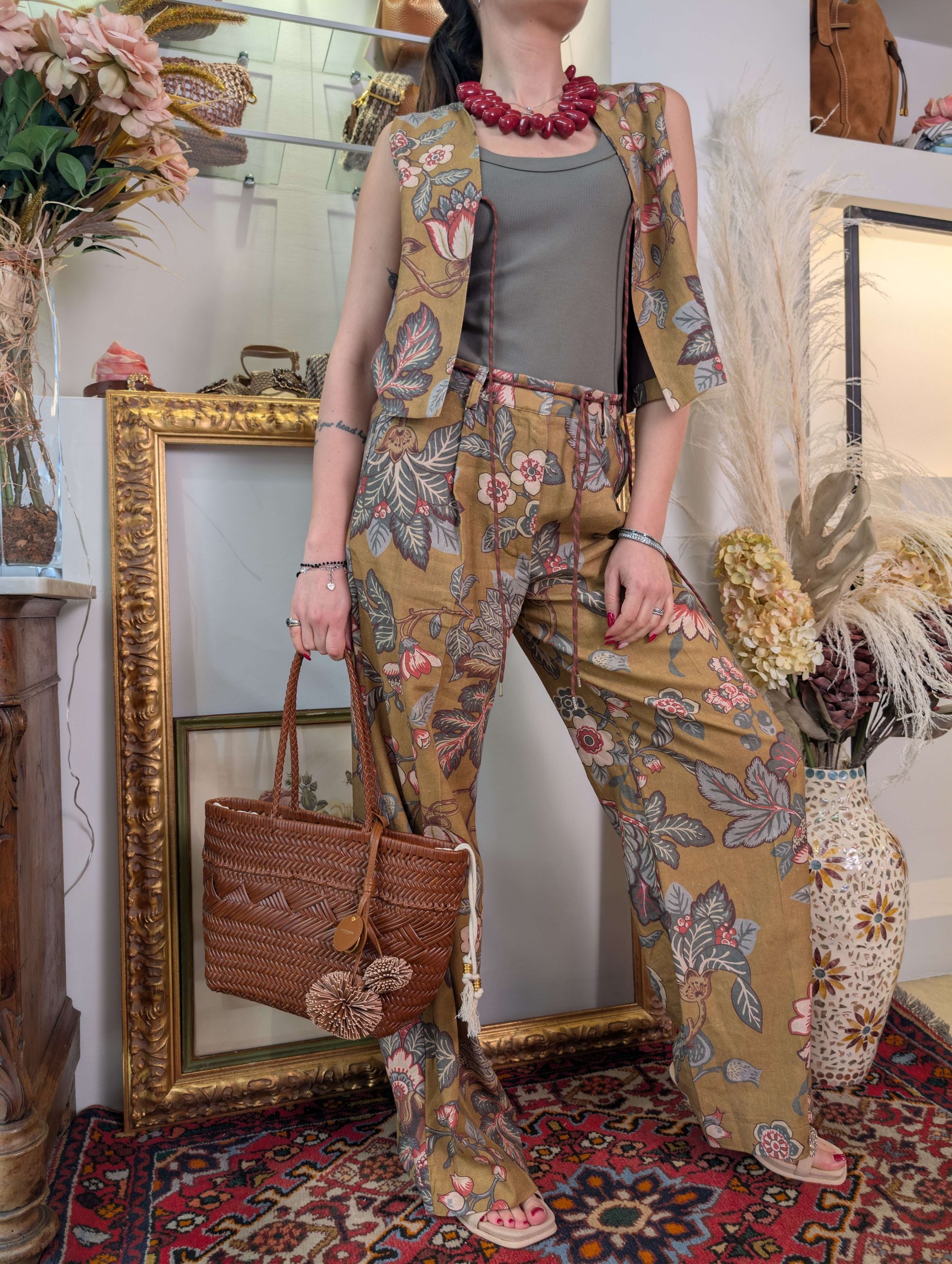 pantaloni floreali in tela di lino e viscosa - DIXIE