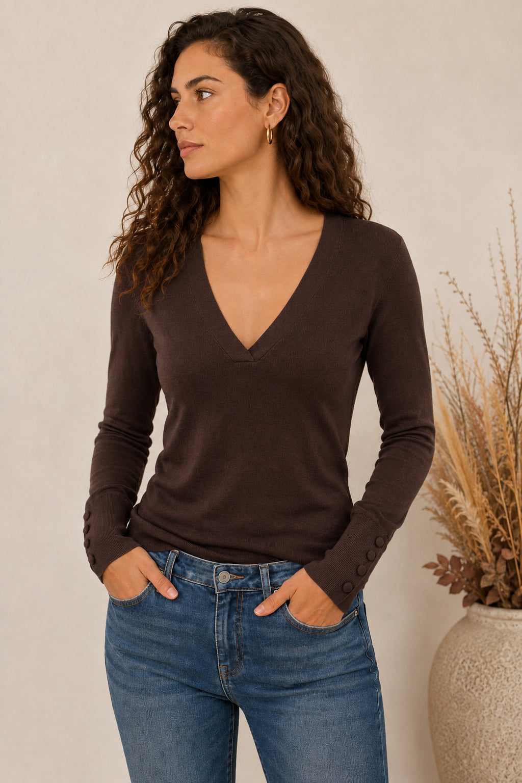 Maglia slim in viscosa con scollo a V e bottoni - MARKUP DONNA