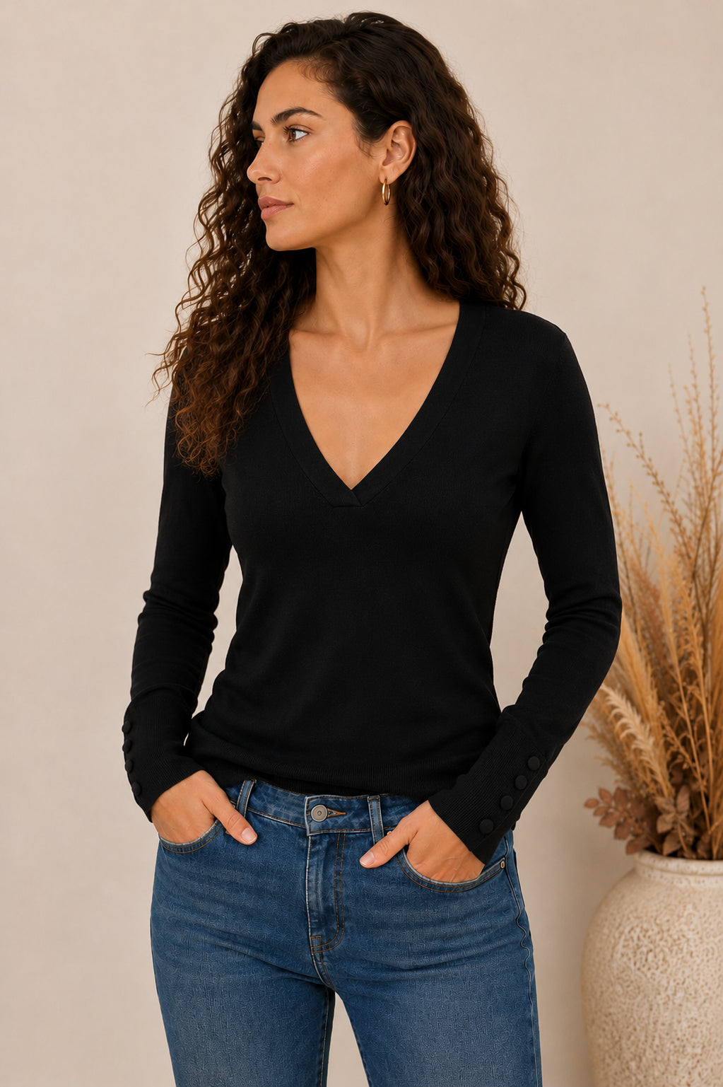 Maglia slim in viscosa con scollo a V e bottoni - MARKUP DONNA