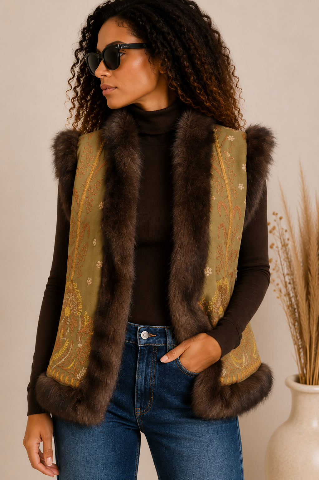 Gilet in Canvas Ricamato con Faux Fur - DIXIE