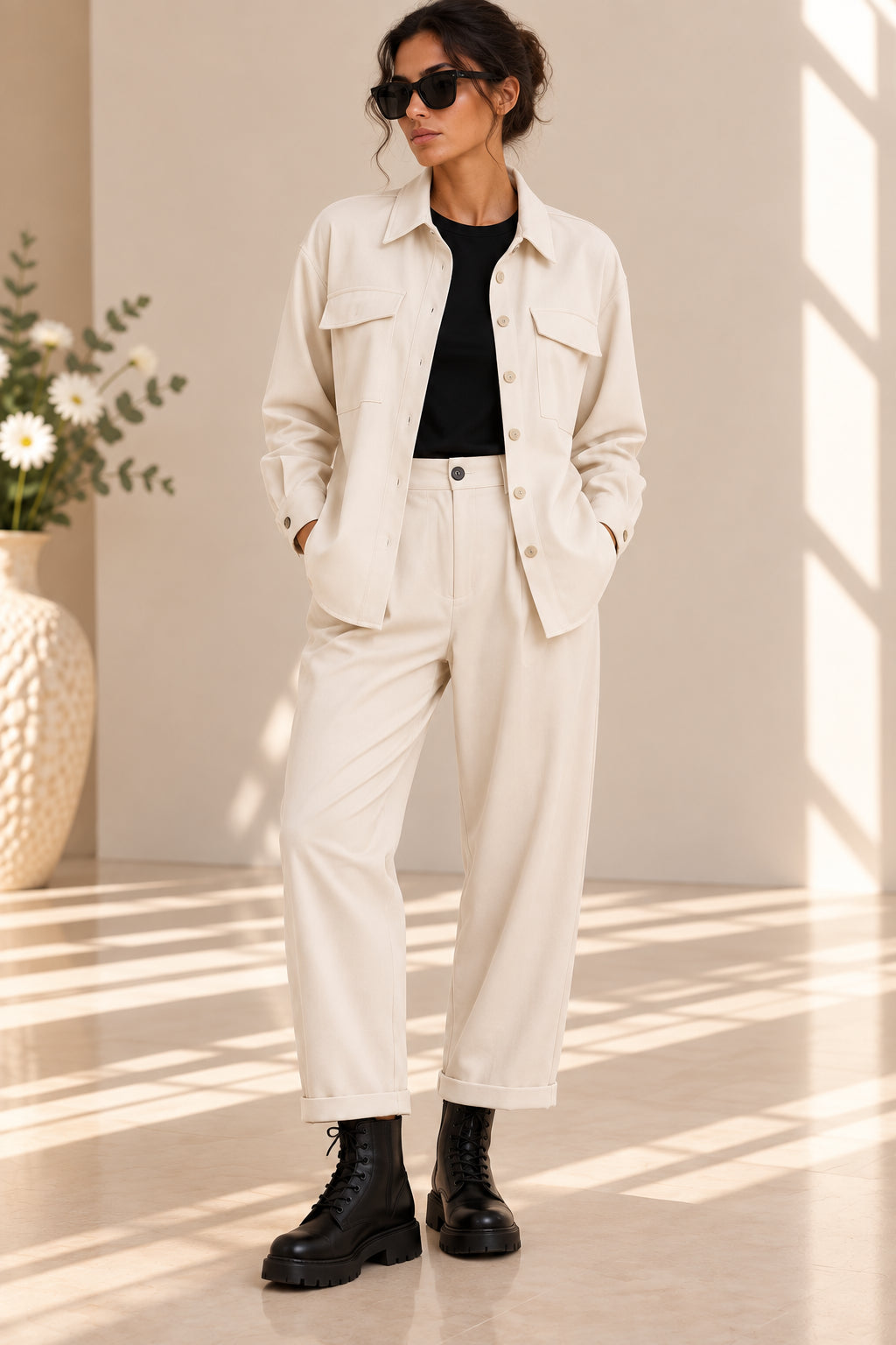 PANTALONE CON PINCES IN TESSUTO DIAGONALE MANO PESCA - PLEASE