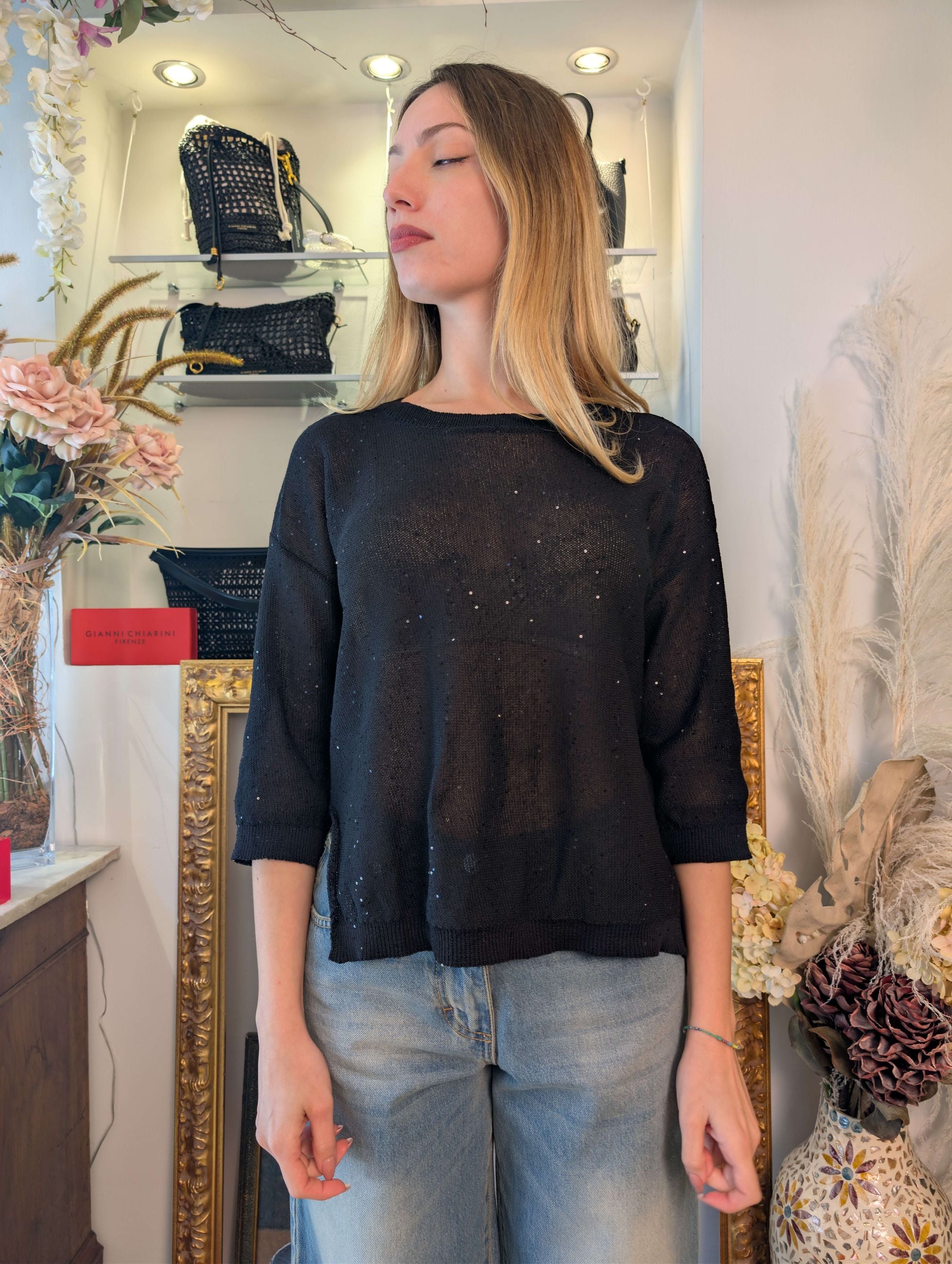 Maglia scollo barchetta con micropaillettes - SHE_FLORENCE_LAB