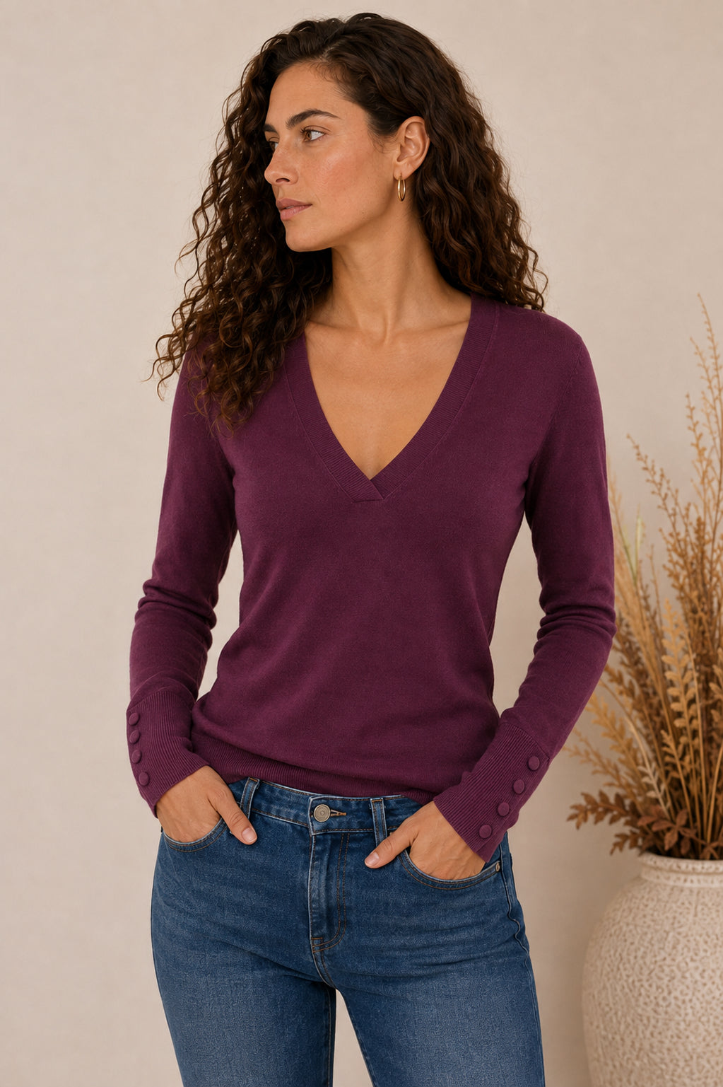 Maglia slim in viscosa con scollo a V e bottoni - MARKUP DONNA