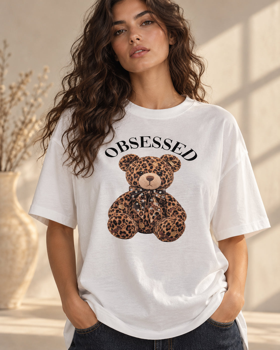 T-shirt oversize con orsetto animalier e strass - VICOLO