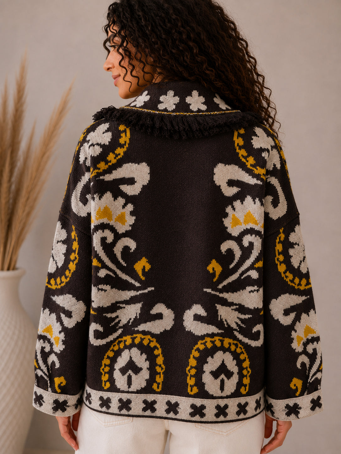 Cardigan jacquard sfrangiato con collo sciallato - VICOLO