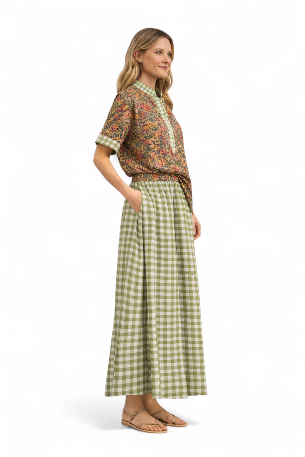 Camicia ampia in mussola floreale di cotone con dettagli vichy - SHE_FLORENCE_LAB