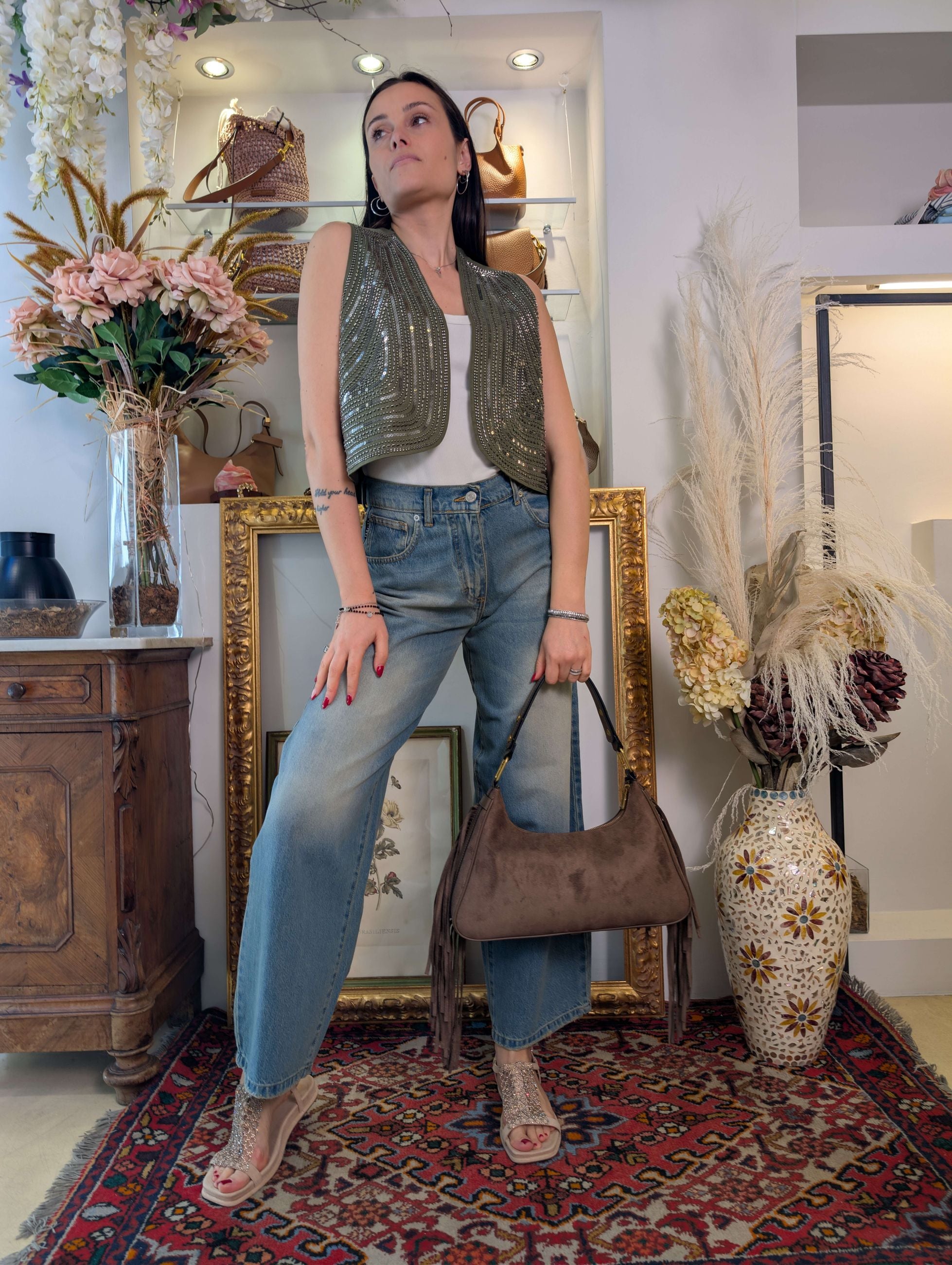 Gilet in cotone con ricami a mano di canottiglie e paillettes - TENSIONE IN