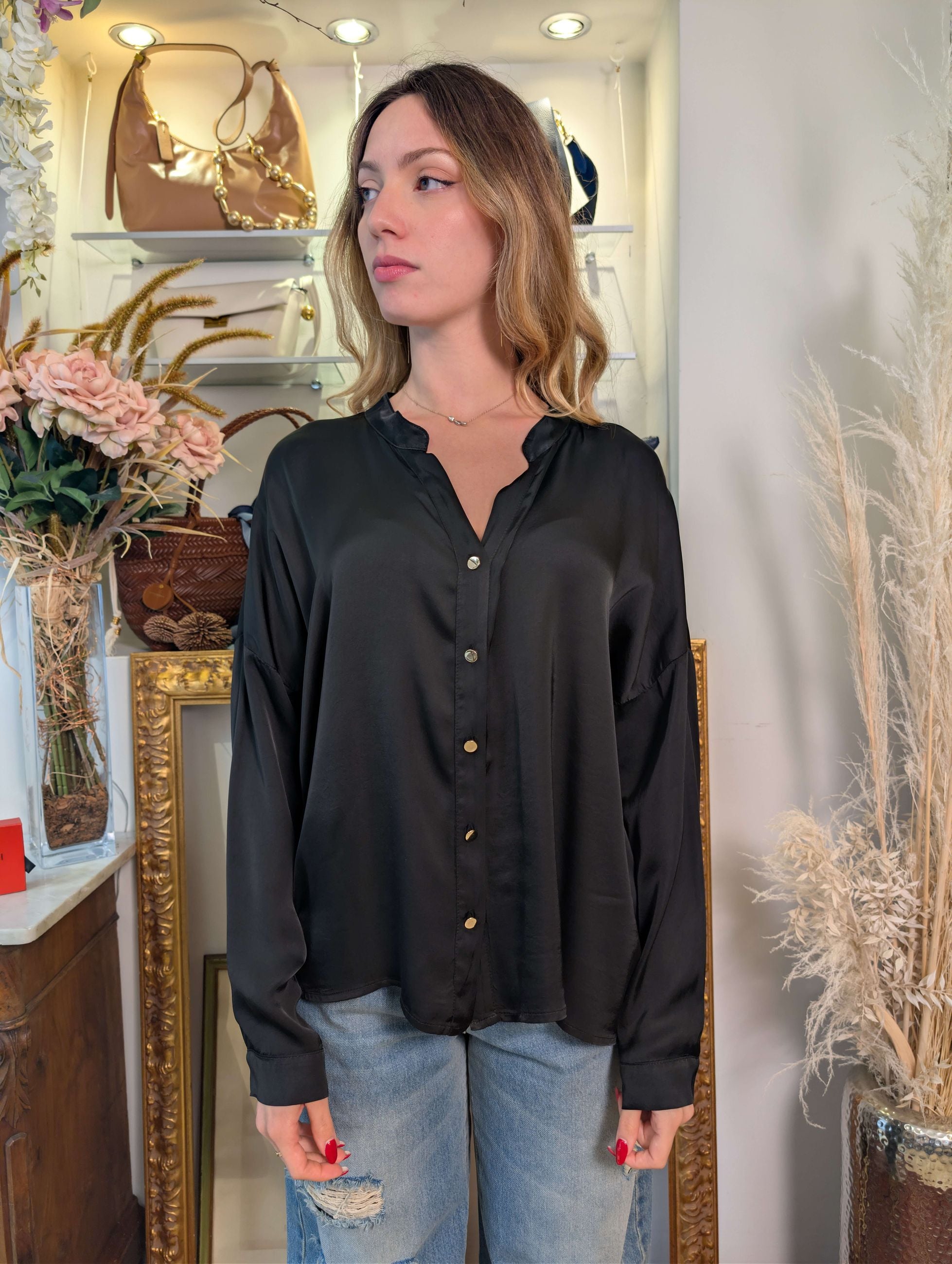Camicia oversize manica lunga in raso di viscosa - TENSIONE IN