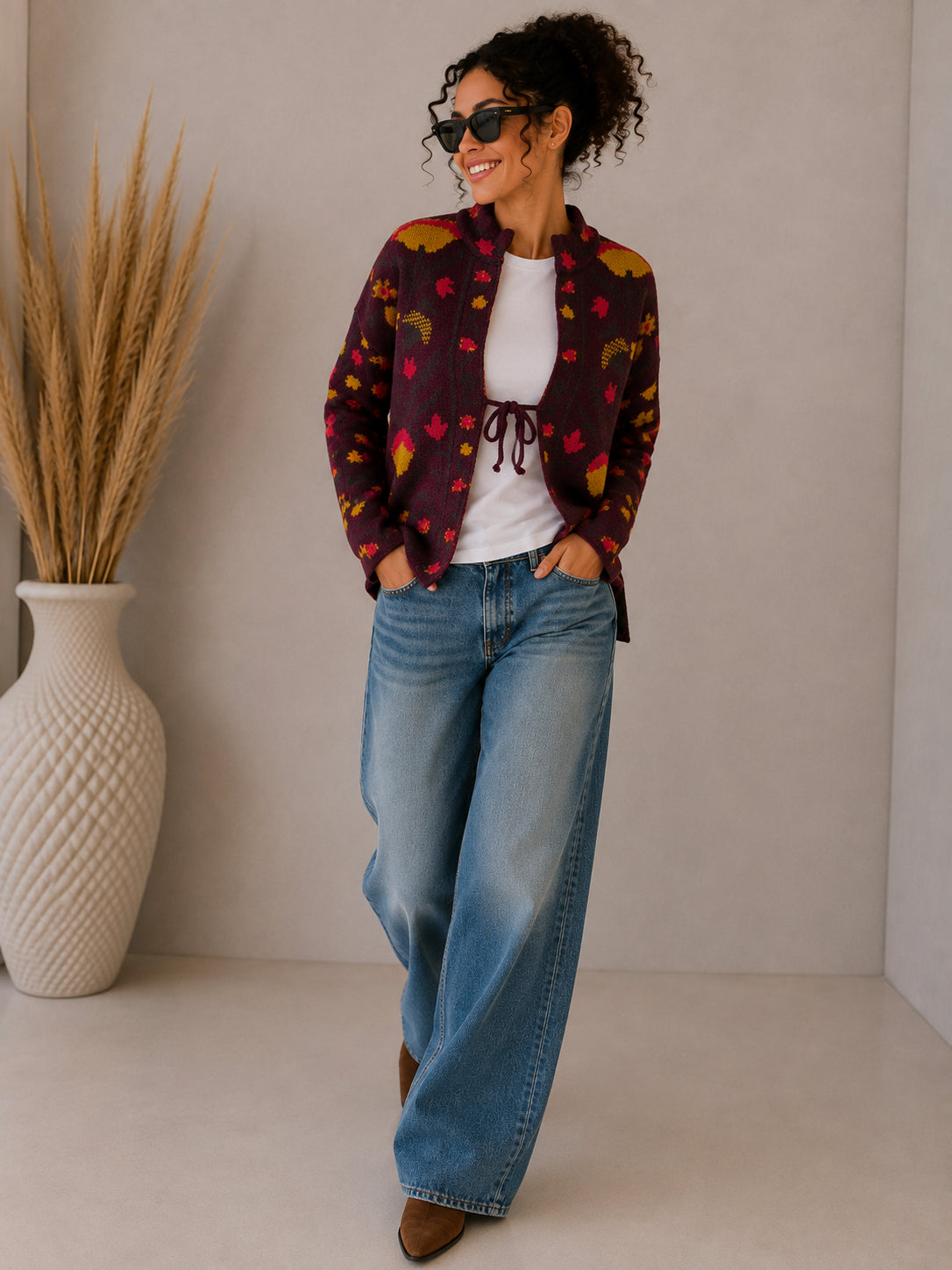 Cardigan jacquard fantasia foglie - VICOLO