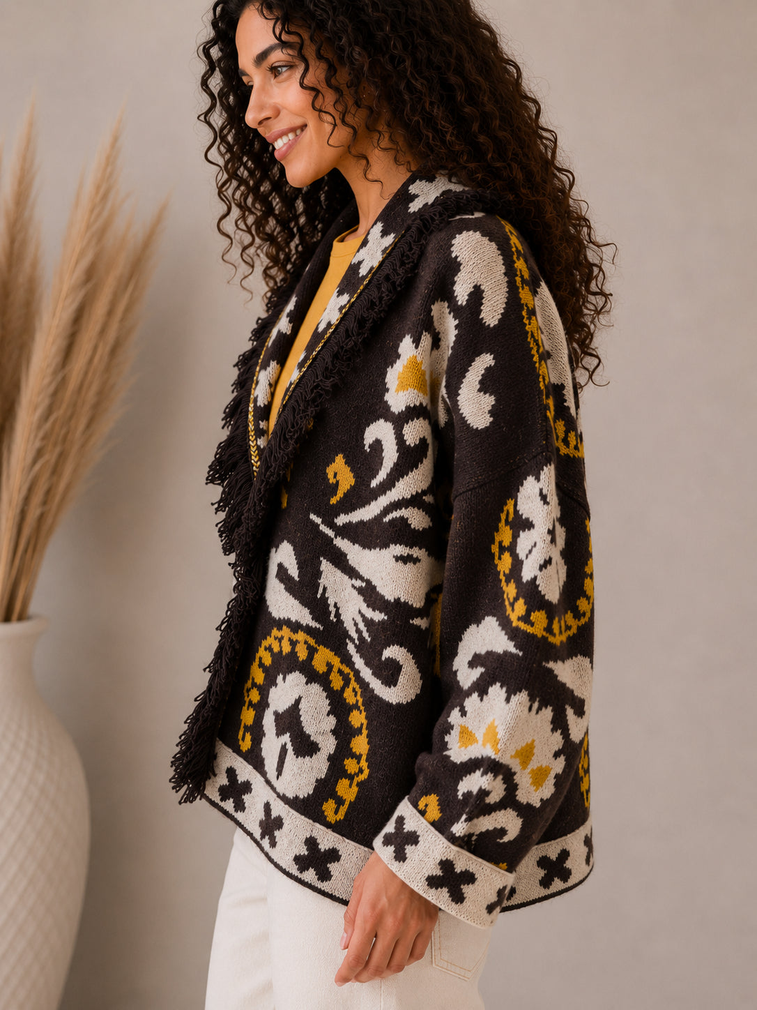 Cardigan jacquard sfrangiato con collo sciallato - VICOLO