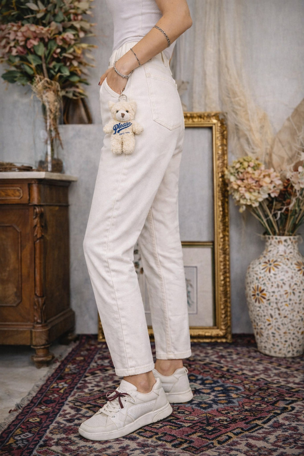 Panta in gabardina di cotone con charm orsetto - PLEASE