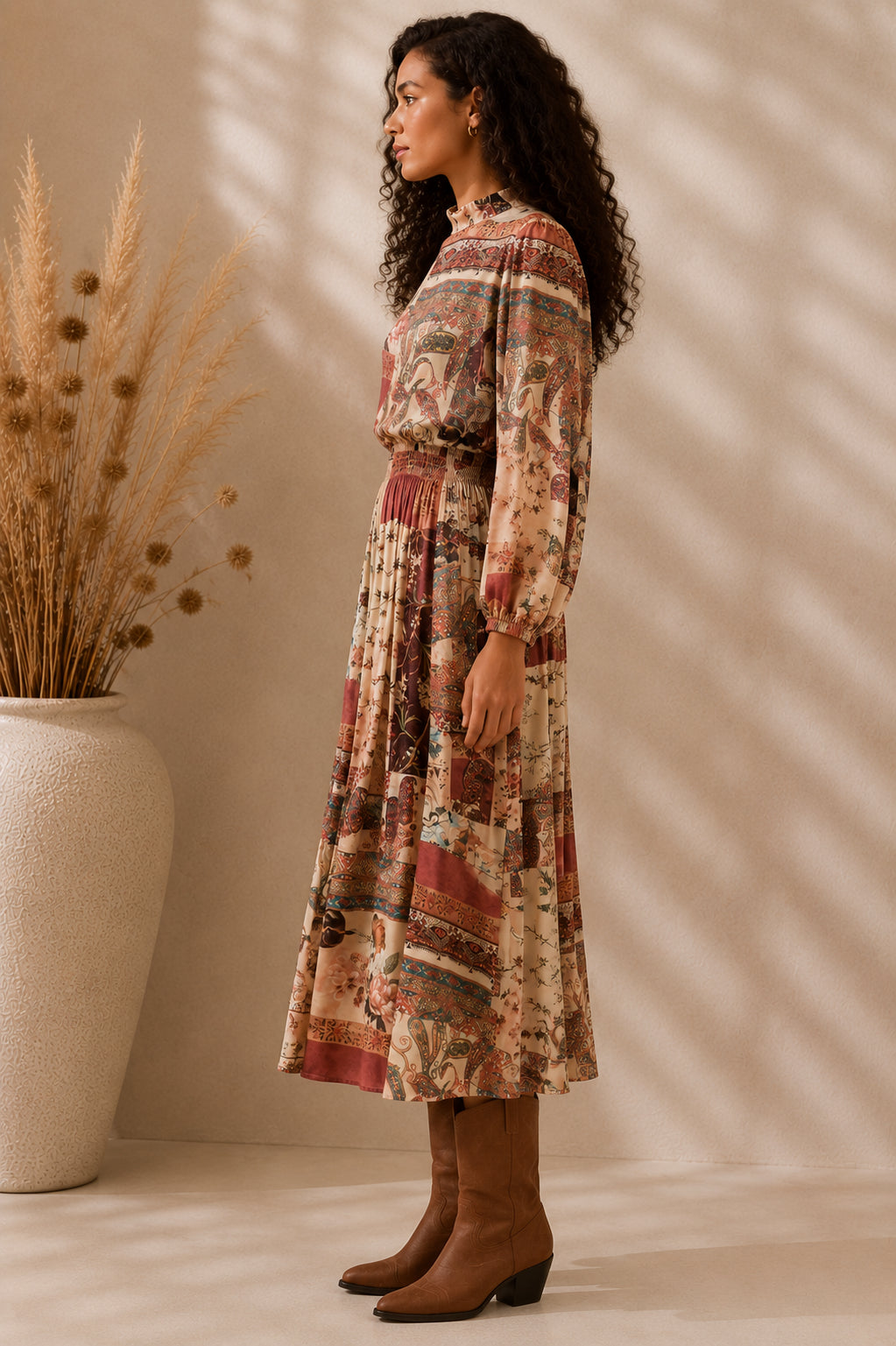 Abito midi fantasia patchwork con vita elasticizzata - SHE_FLORENCE_LAB