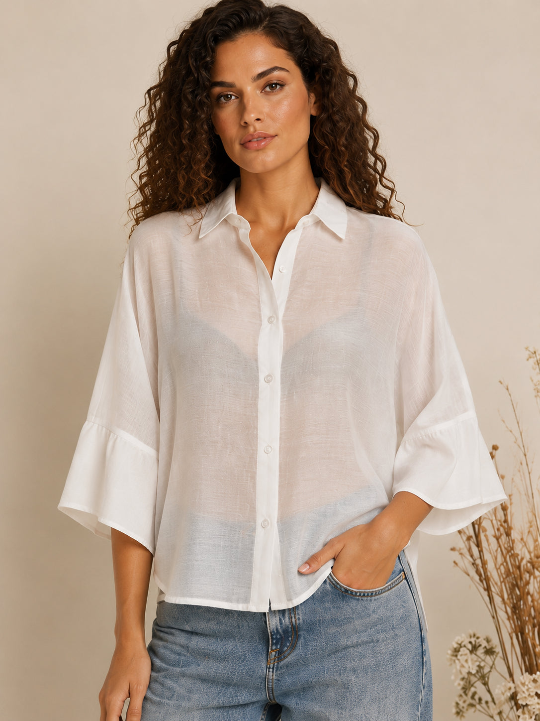 Camicia over semitrasparente con maniche a volant - SHE_FLORENCE_LAB