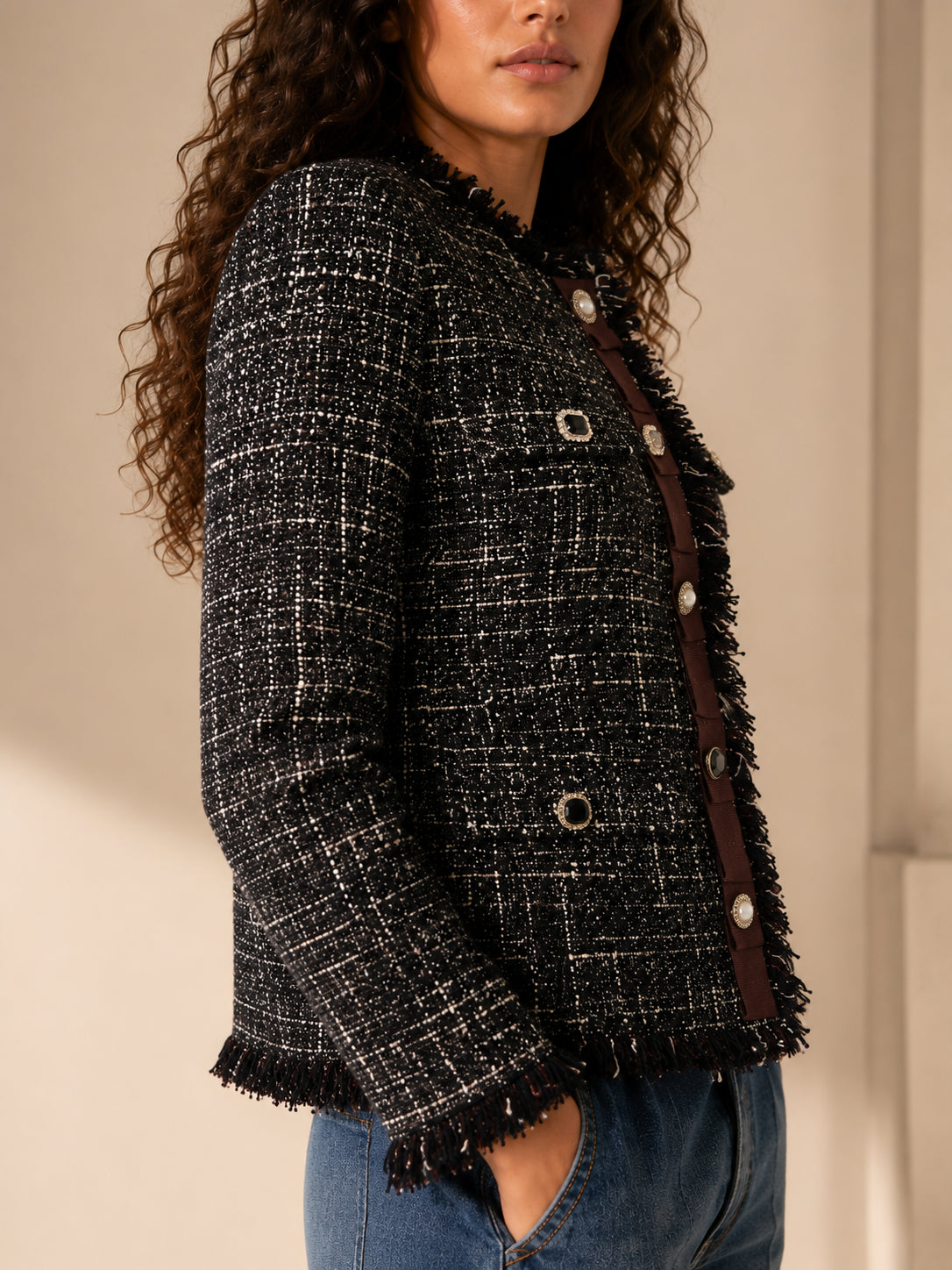 Giacca tweed con bottoni gioiello e gros grain - .SOLO TRE