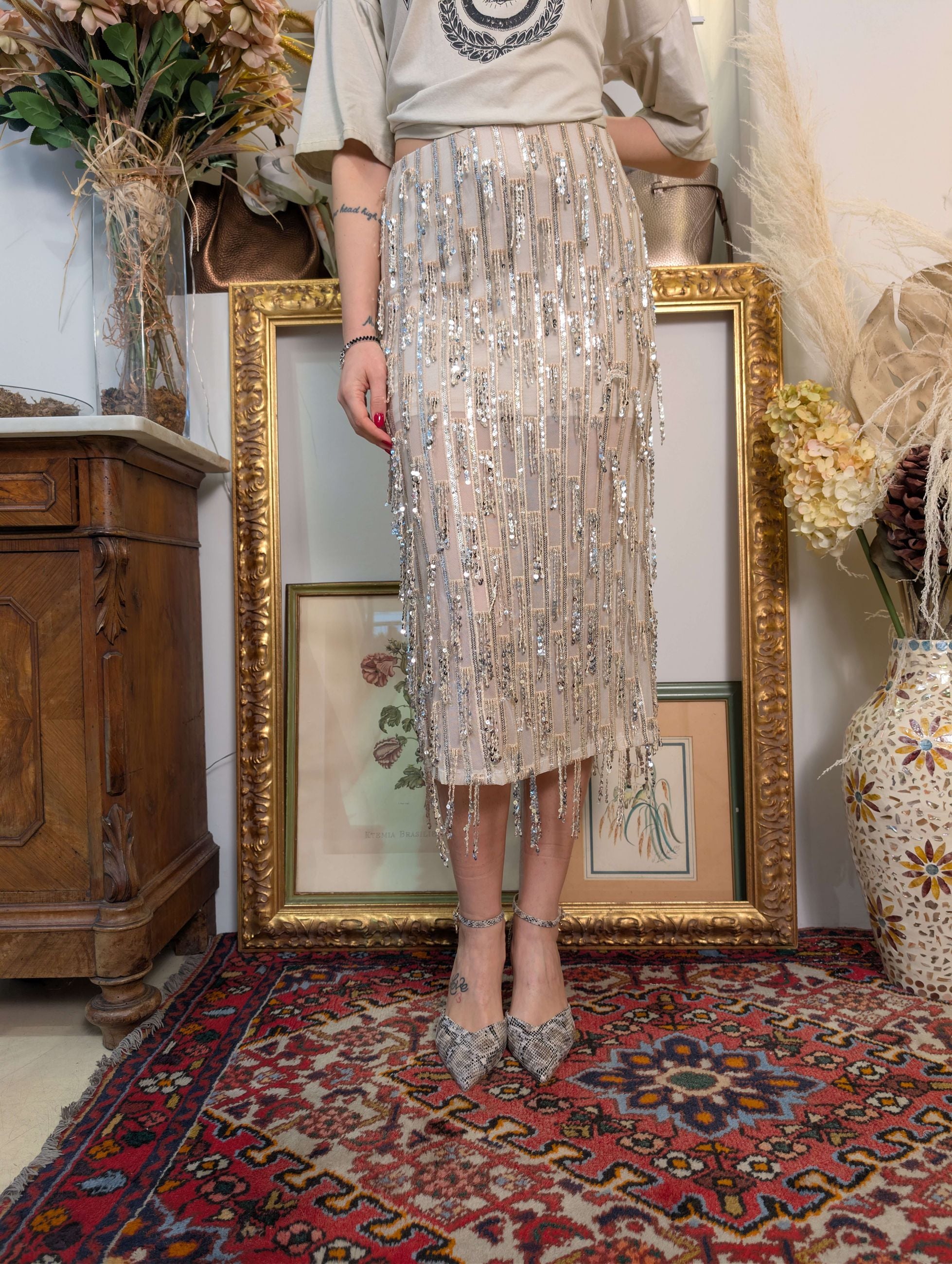 Gonna in tulle ricamato con paillettes e frange - HAVE ONE