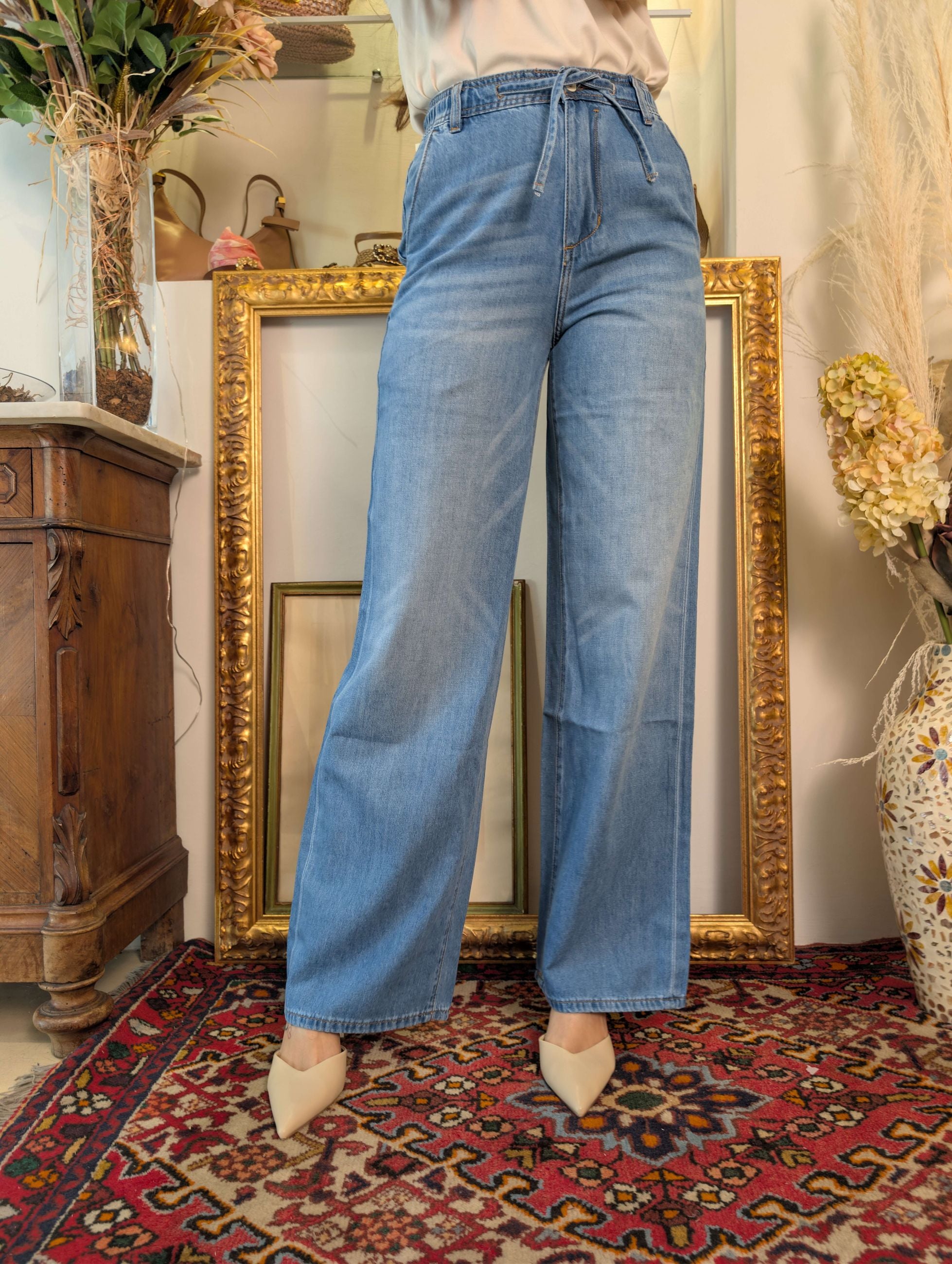 Panta jogging gamba palazzo in light denim - GL for Her