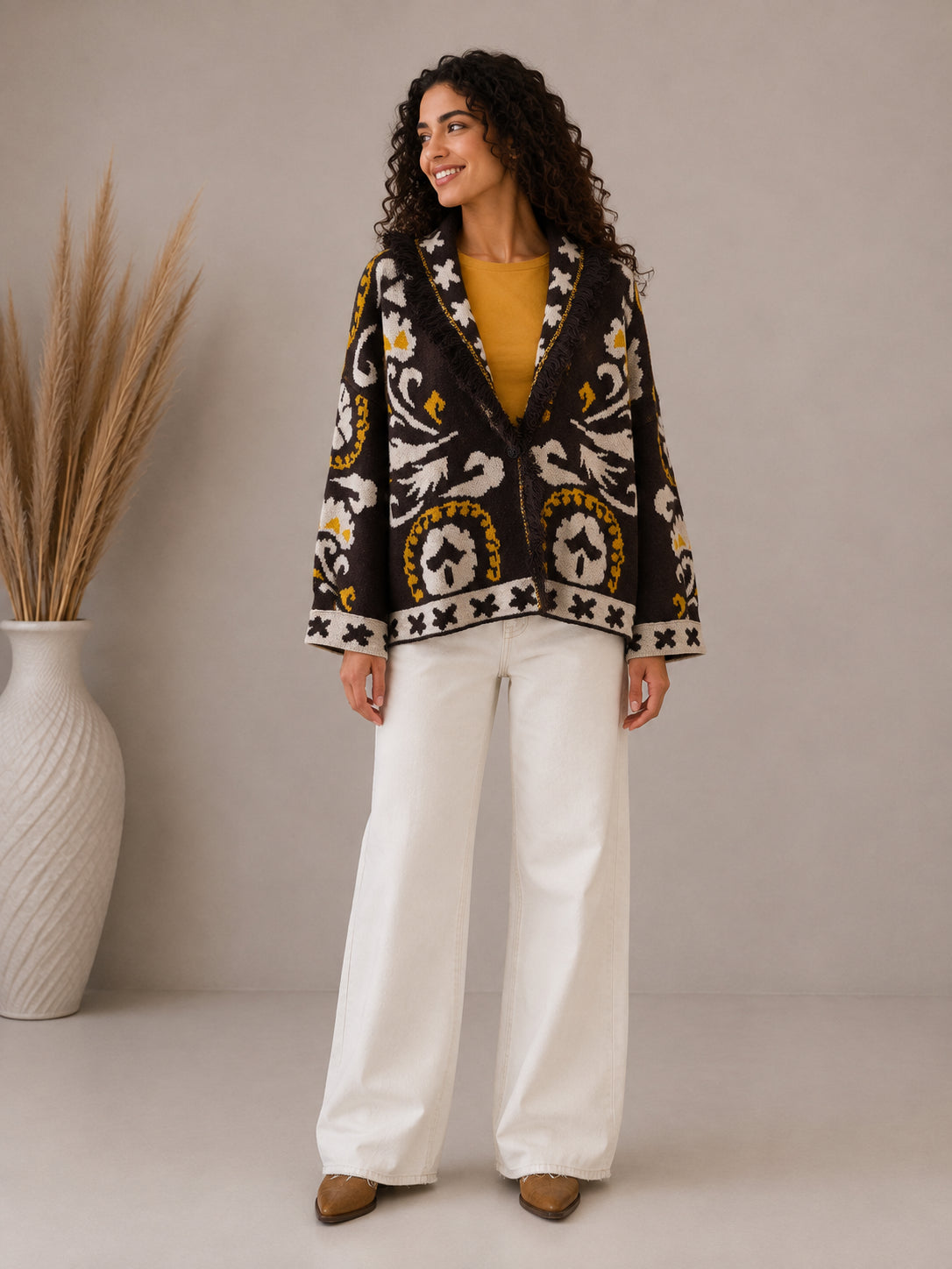 Cardigan jacquard sfrangiato con collo sciallato - VICOLO