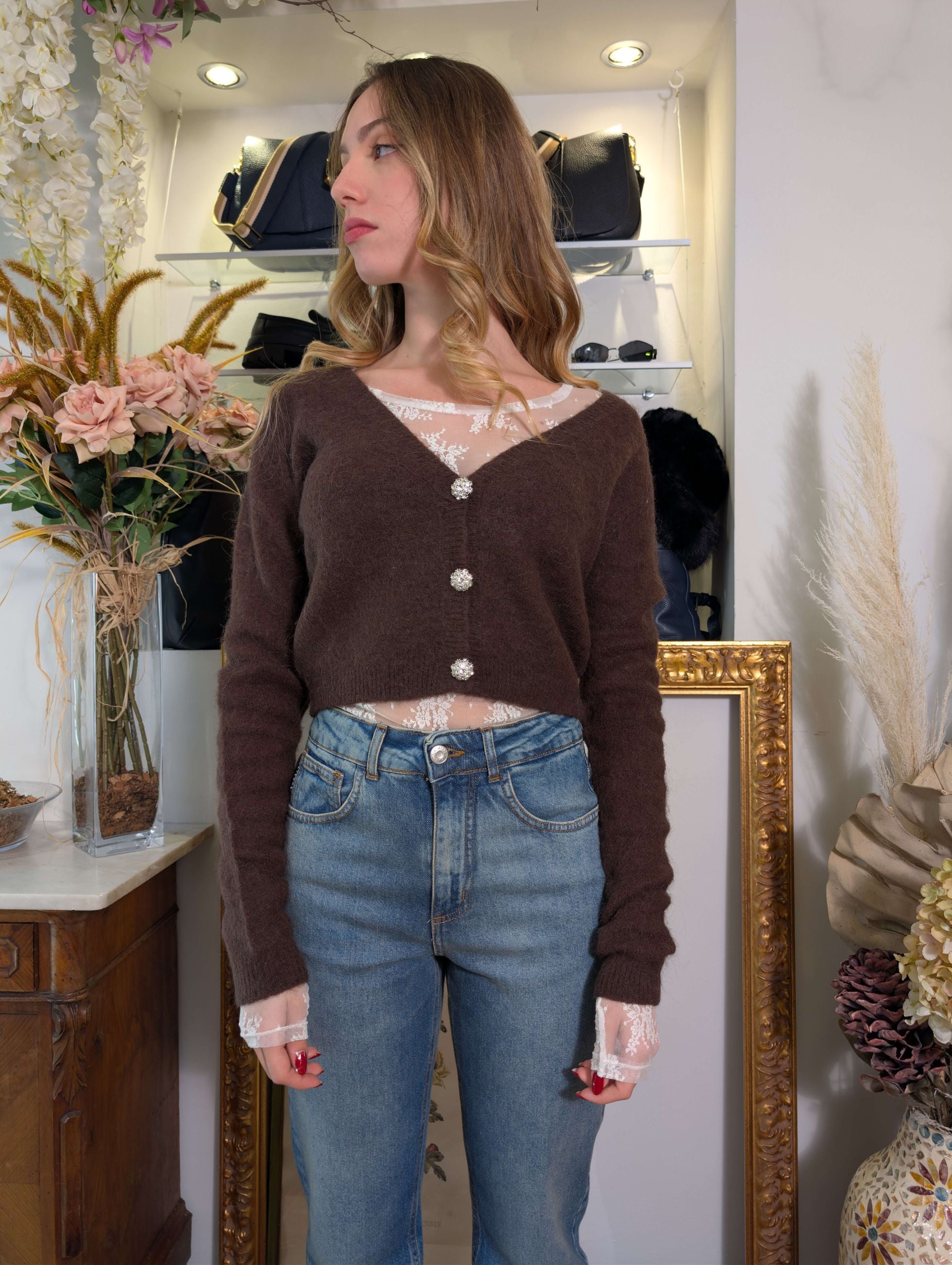 Cardigan cropped in alpaca con bottoni gioiello - SHE_FLORENCE_LAB