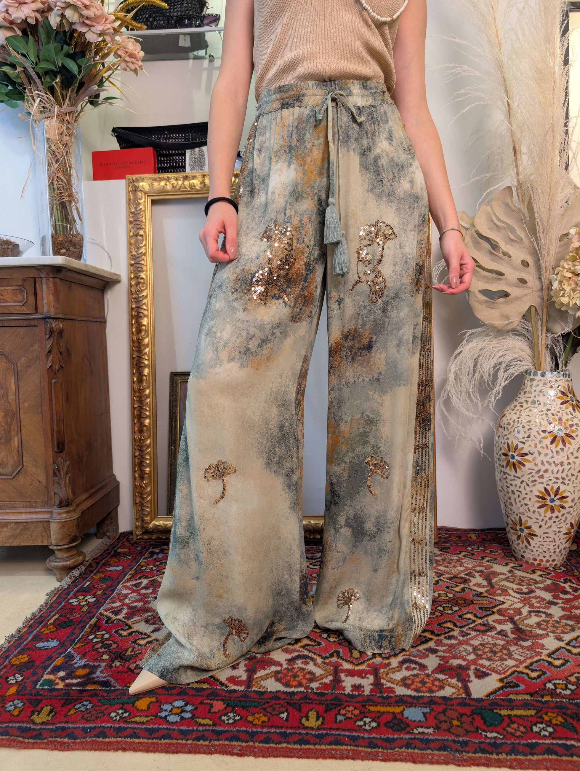 Panta palazzo stampa astratta con ricami manuali in paillettes - DIXIE