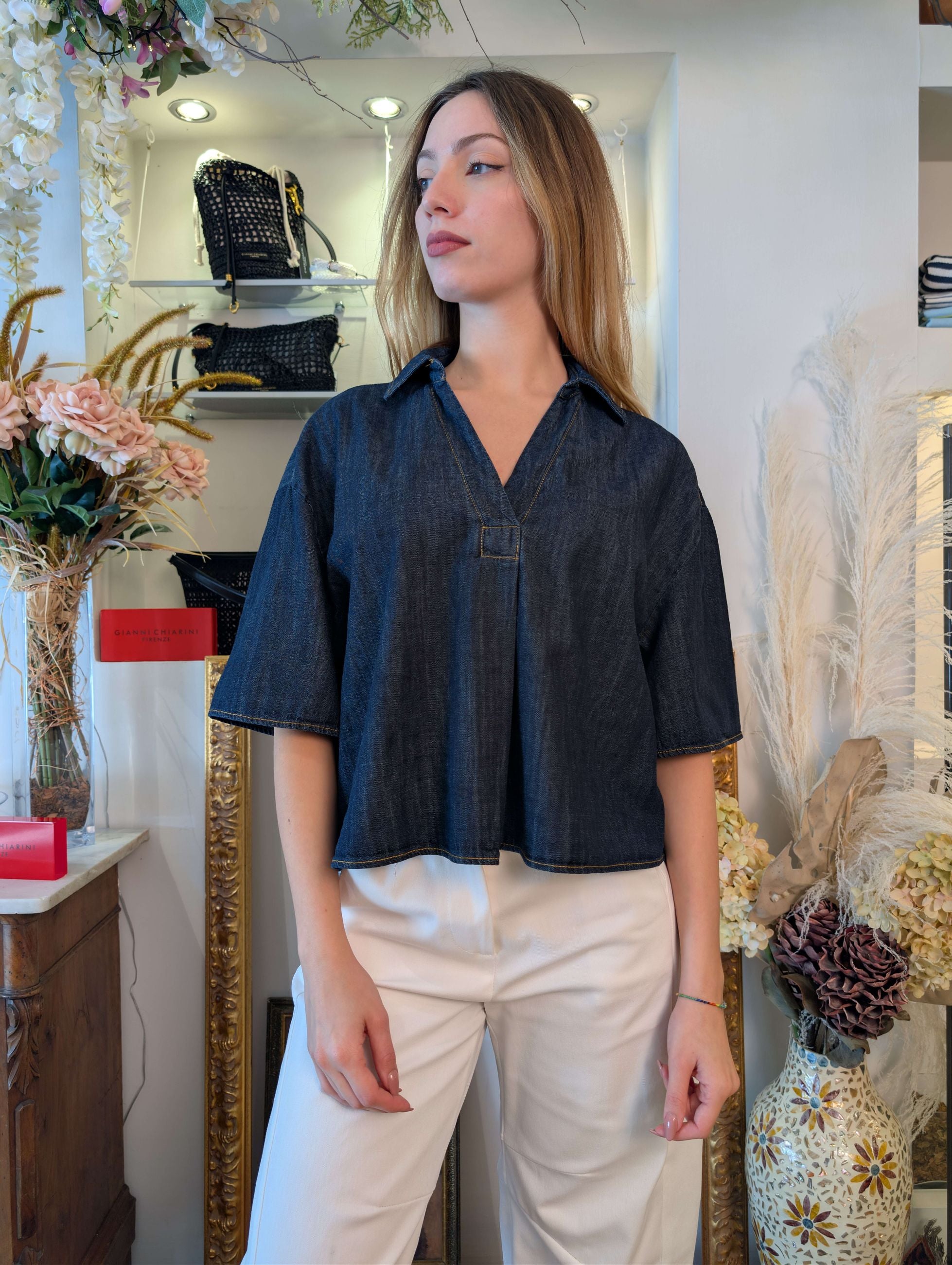 Blusa scollo polo in chambray - PLEASE
