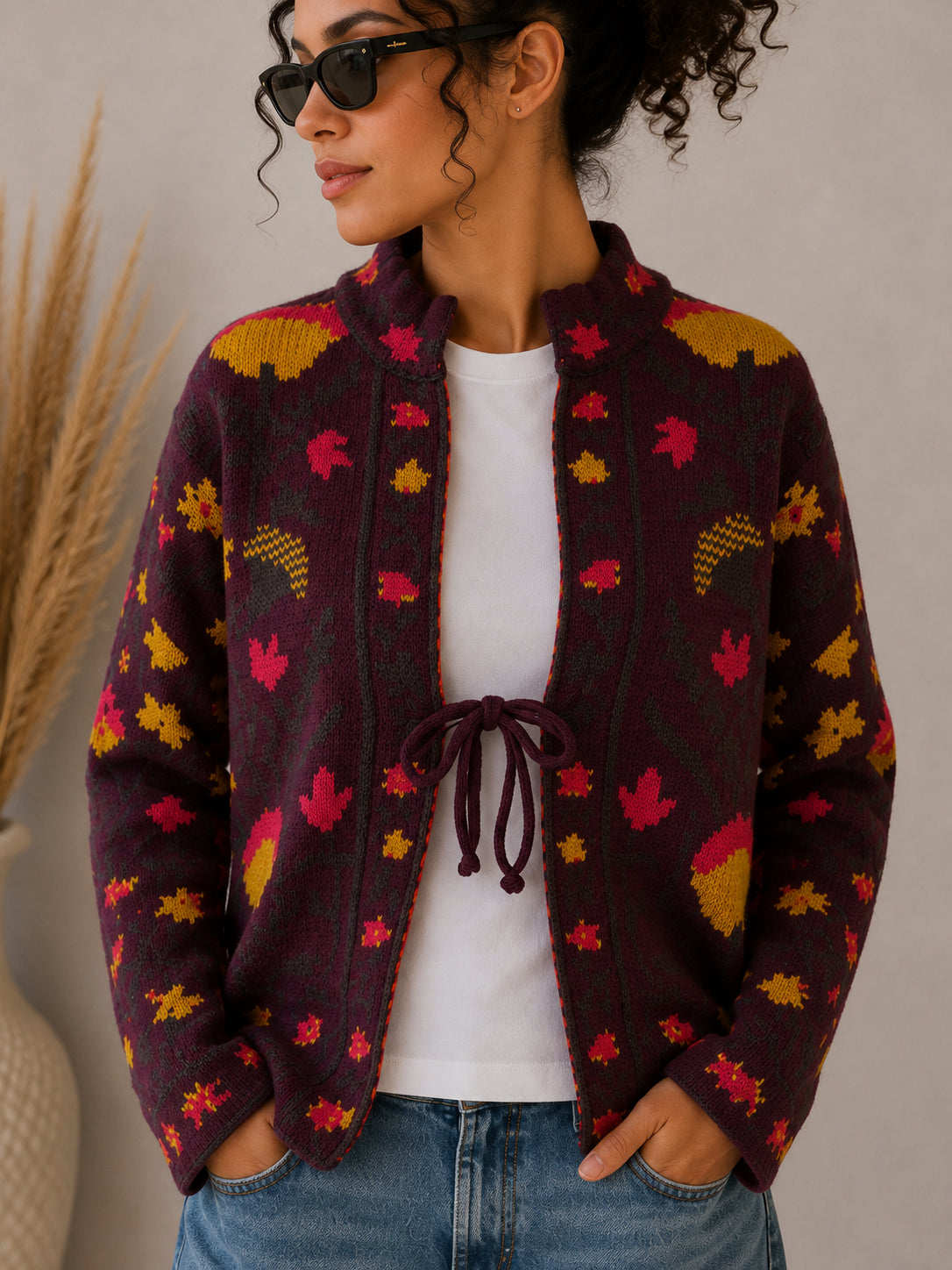 Cardigan jacquard fantasia foglie - VICOLO