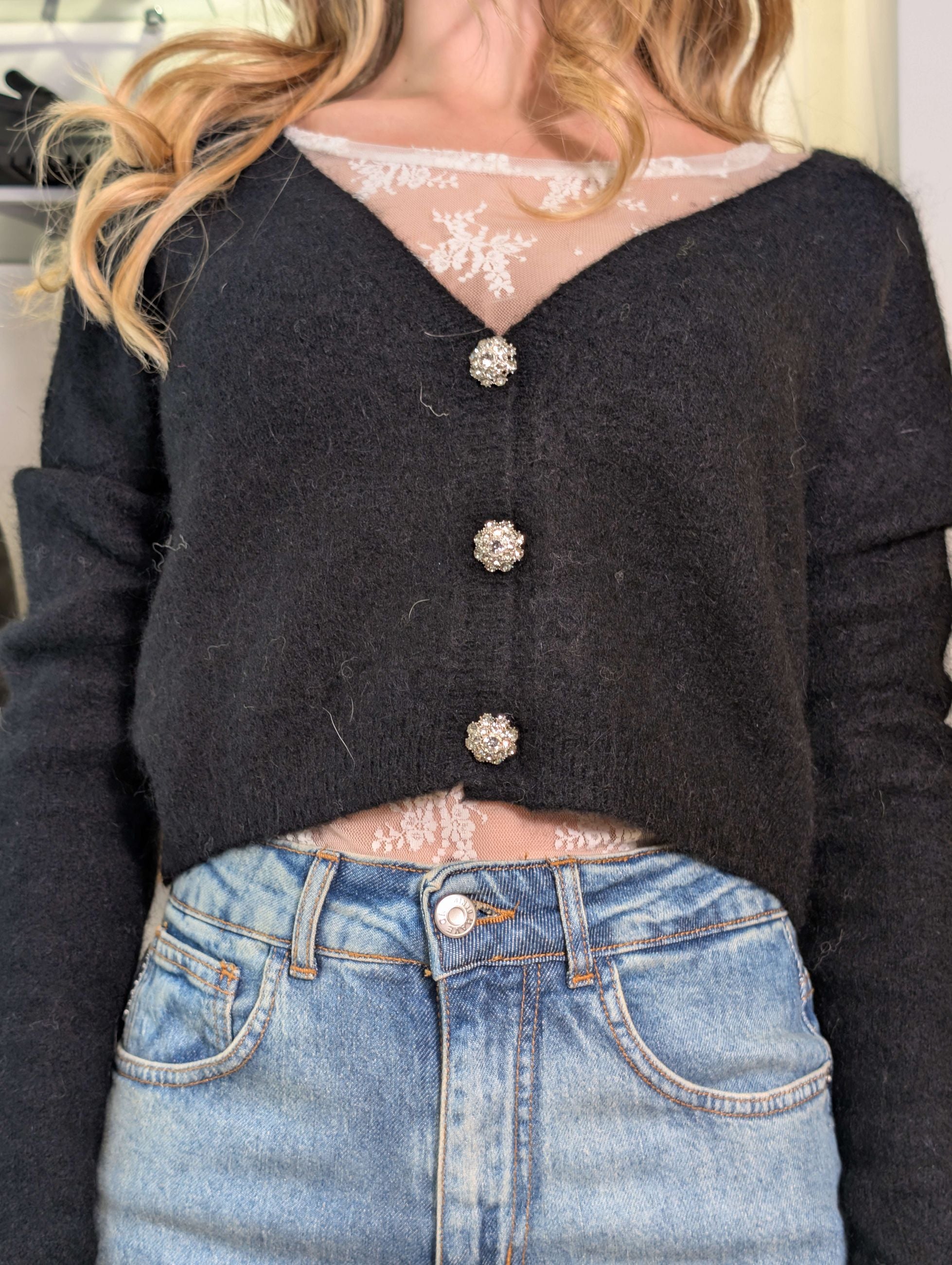 Cardigan cropped in alpaca con bottoni gioiello - SHE_FLORENCE_LAB