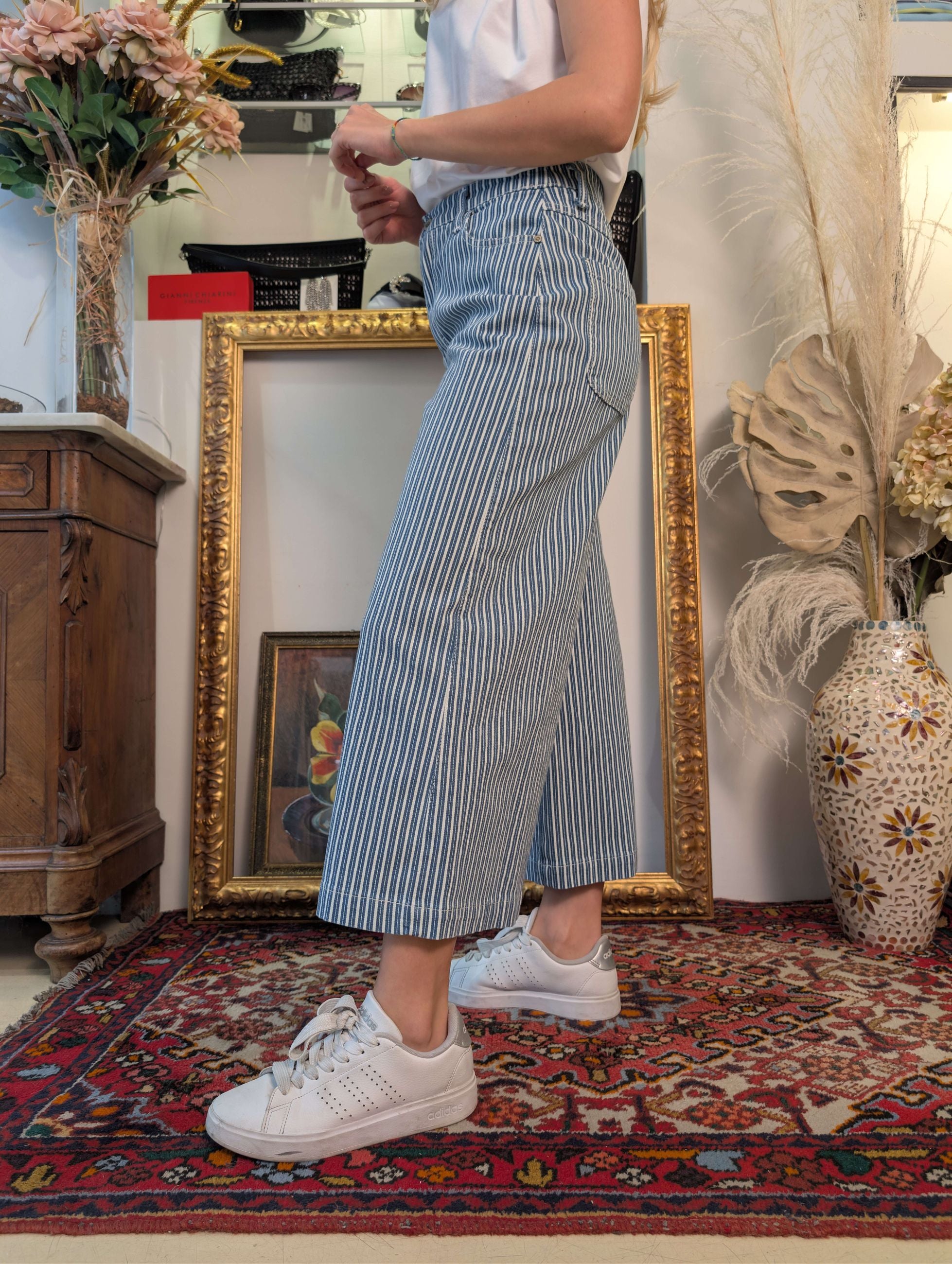 Panta cropped in denim rigato - PLEASE