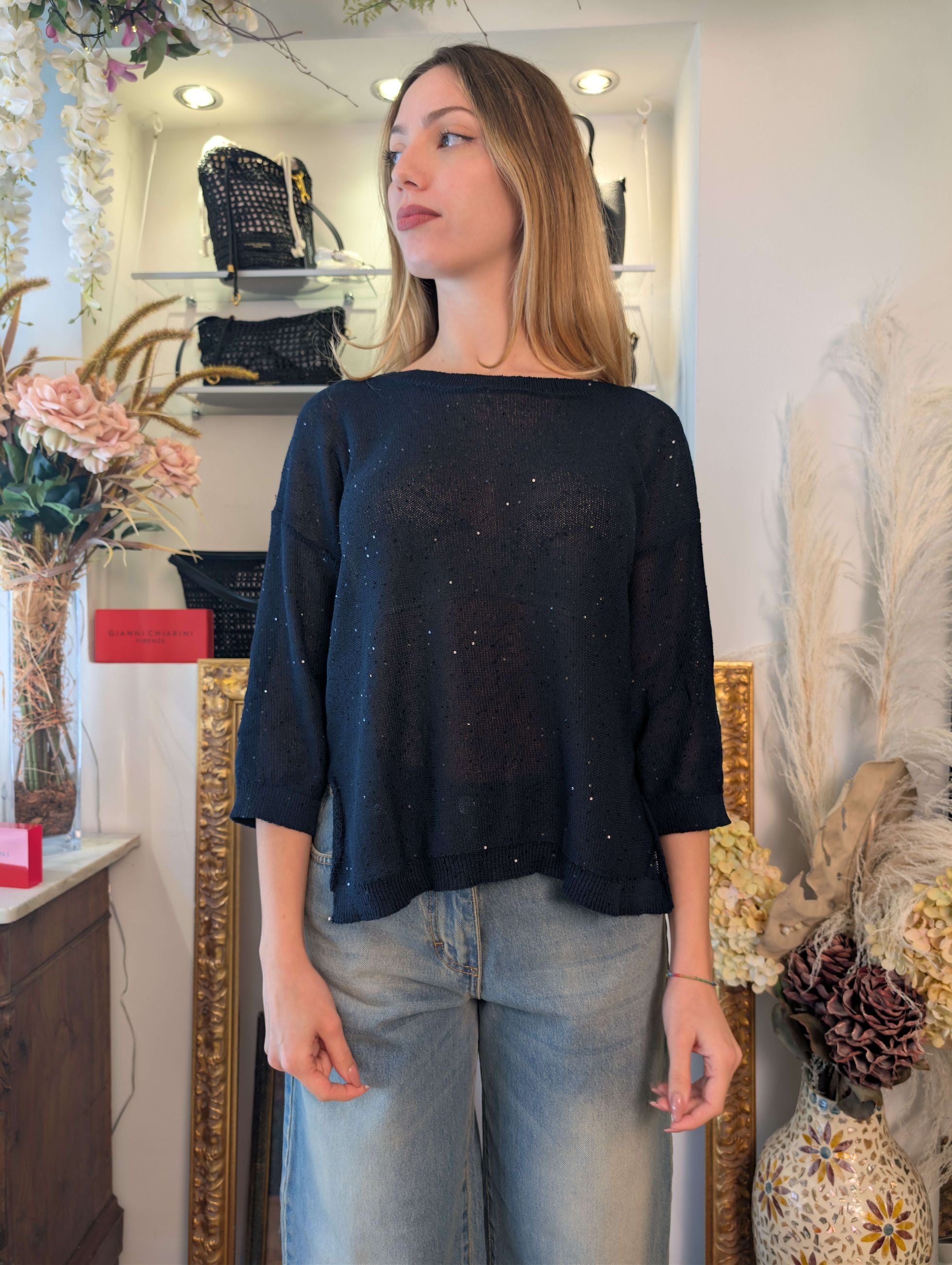 Maglia scollo barchetta con micropaillettes - SHE_FLORENCE_LAB