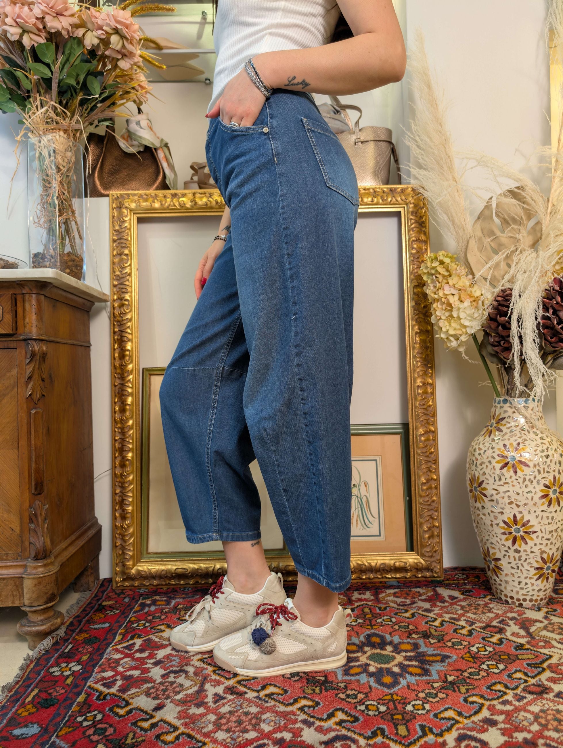 Panta modello barrel in denim leggero - PLEASE