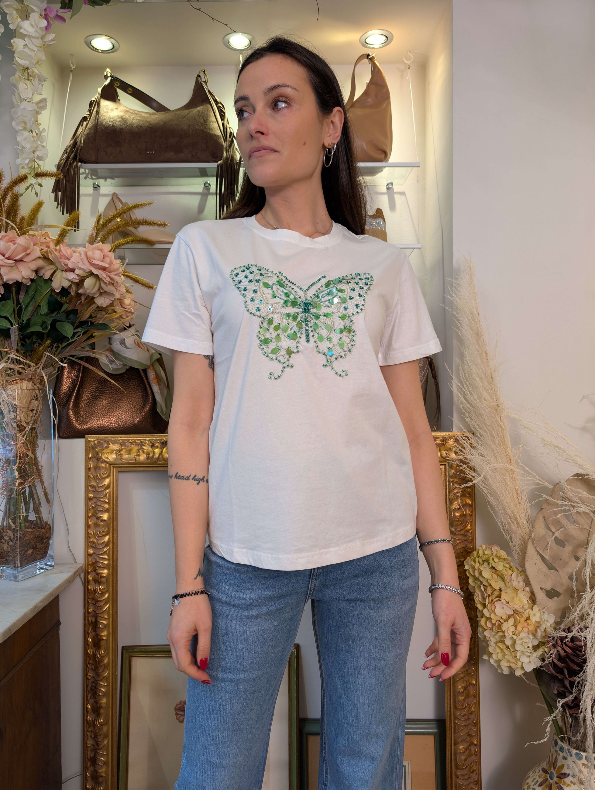 T-shirt ricamo green butterfly - Sandro Ferrone