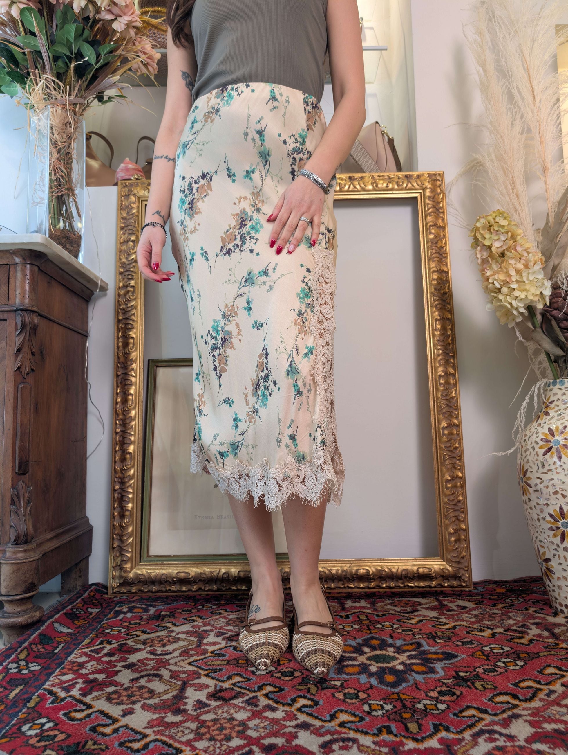 Gonna longuette con ramages floreali e pizzo - SHE_FLORENCE_LAB