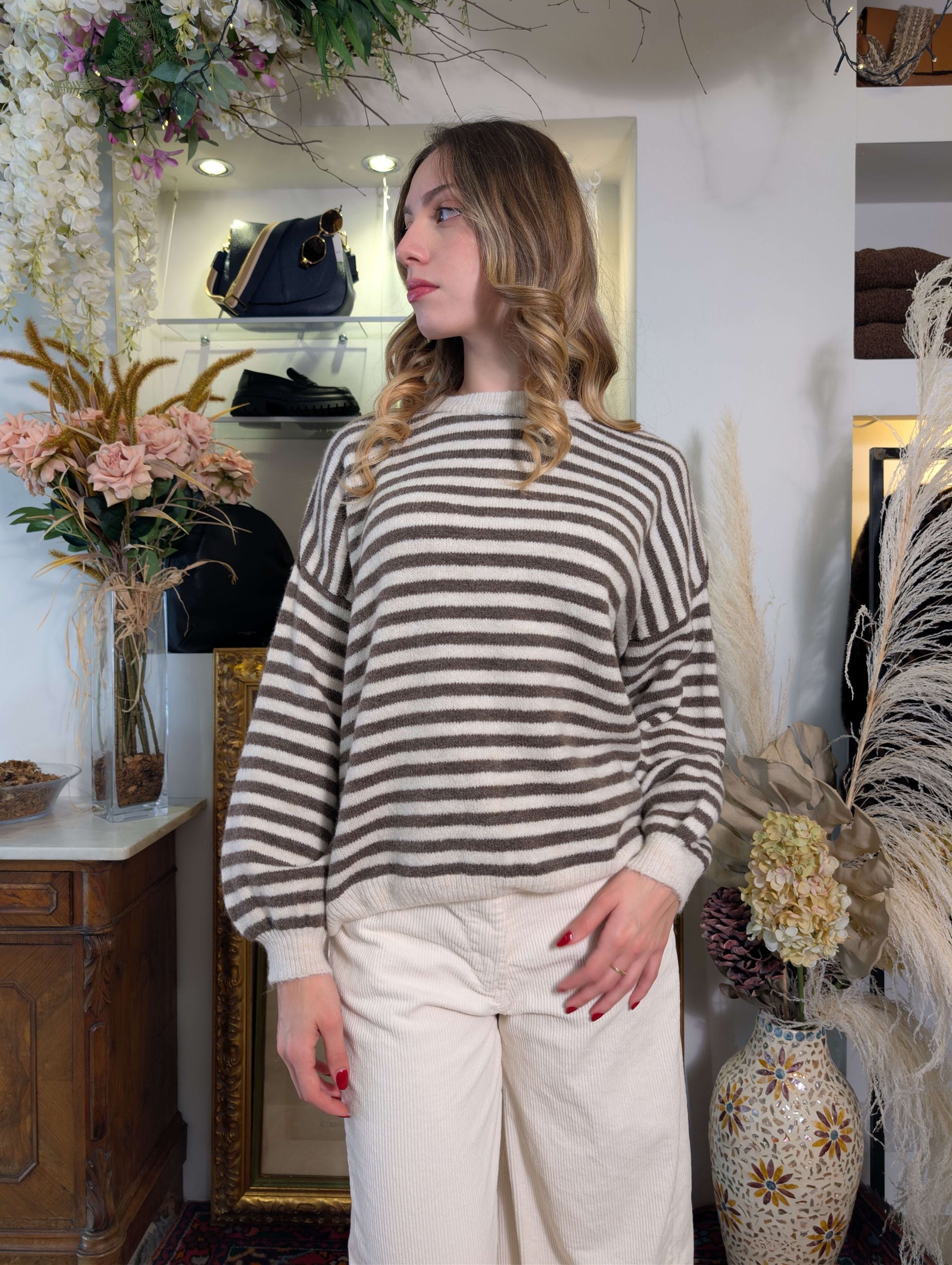 Maglia rigata panna e moka - PLEASE