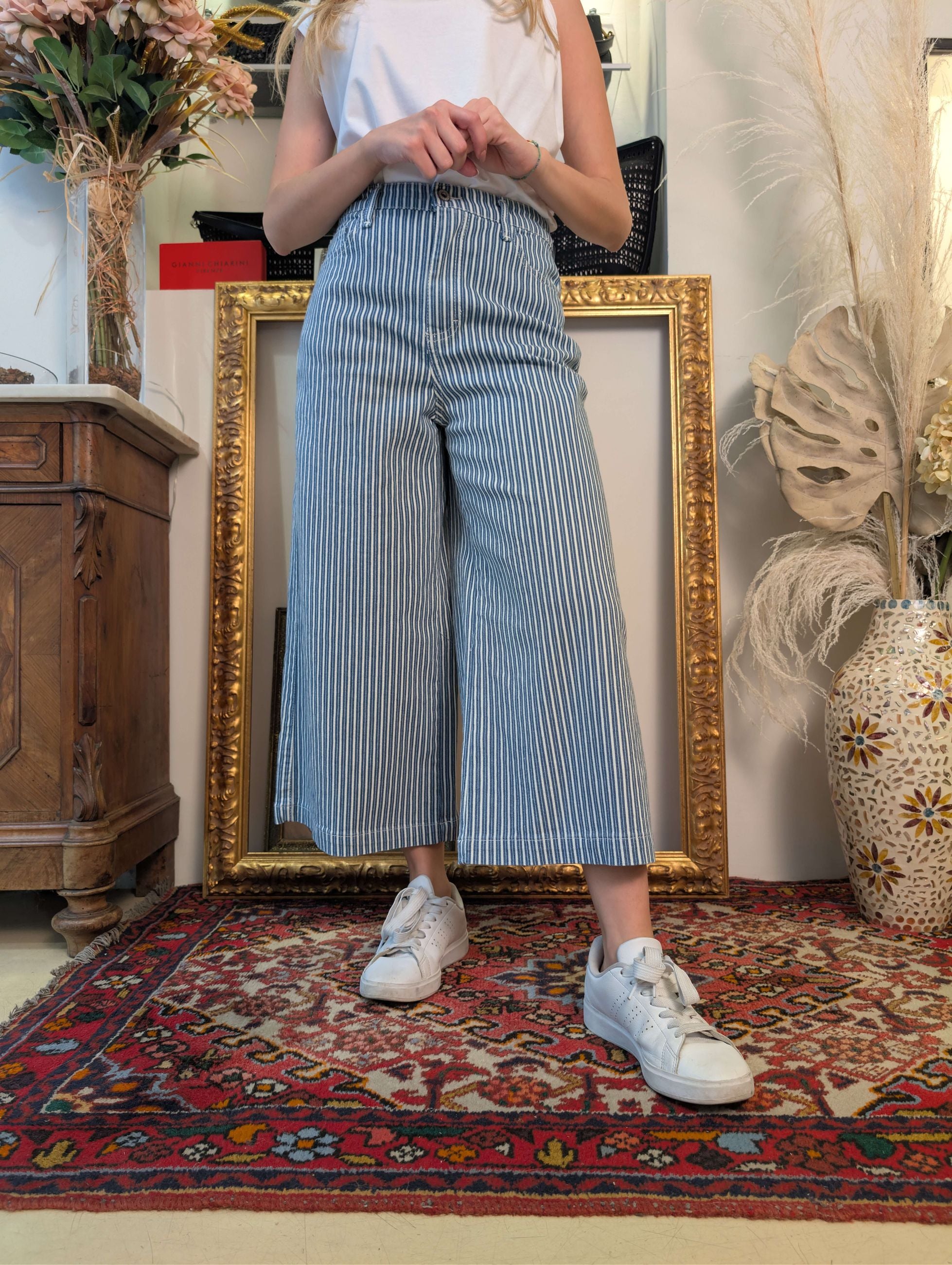 Panta cropped in denim rigato - PLEASE