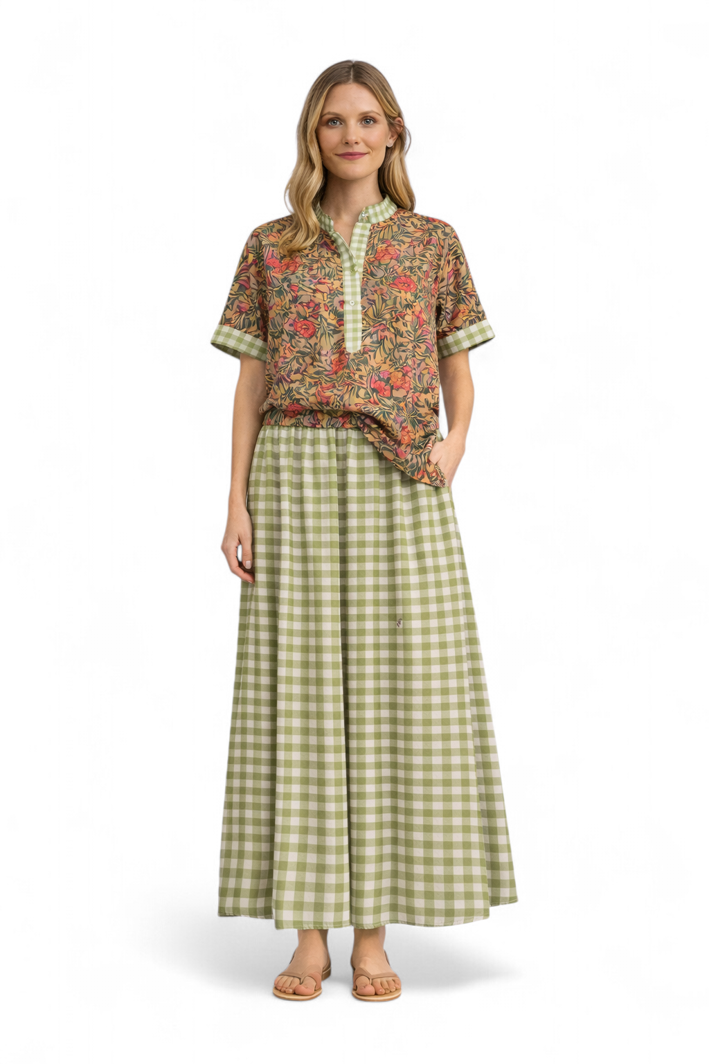 Camicia ampia in mussola floreale di cotone con dettagli vichy - SHE_FLORENCE_LAB