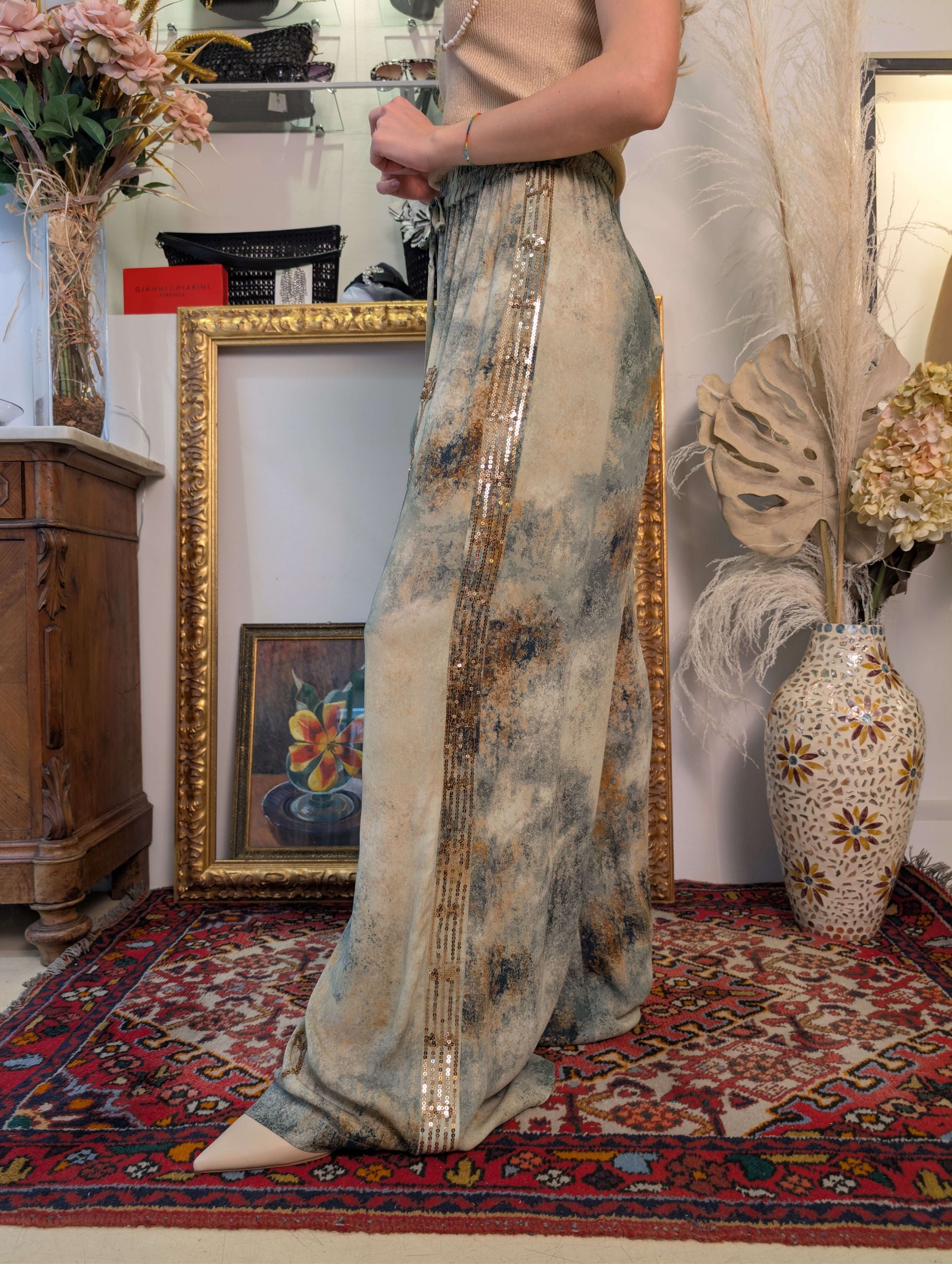 Panta palazzo stampa astratta con ricami manuali in paillettes - DIXIE