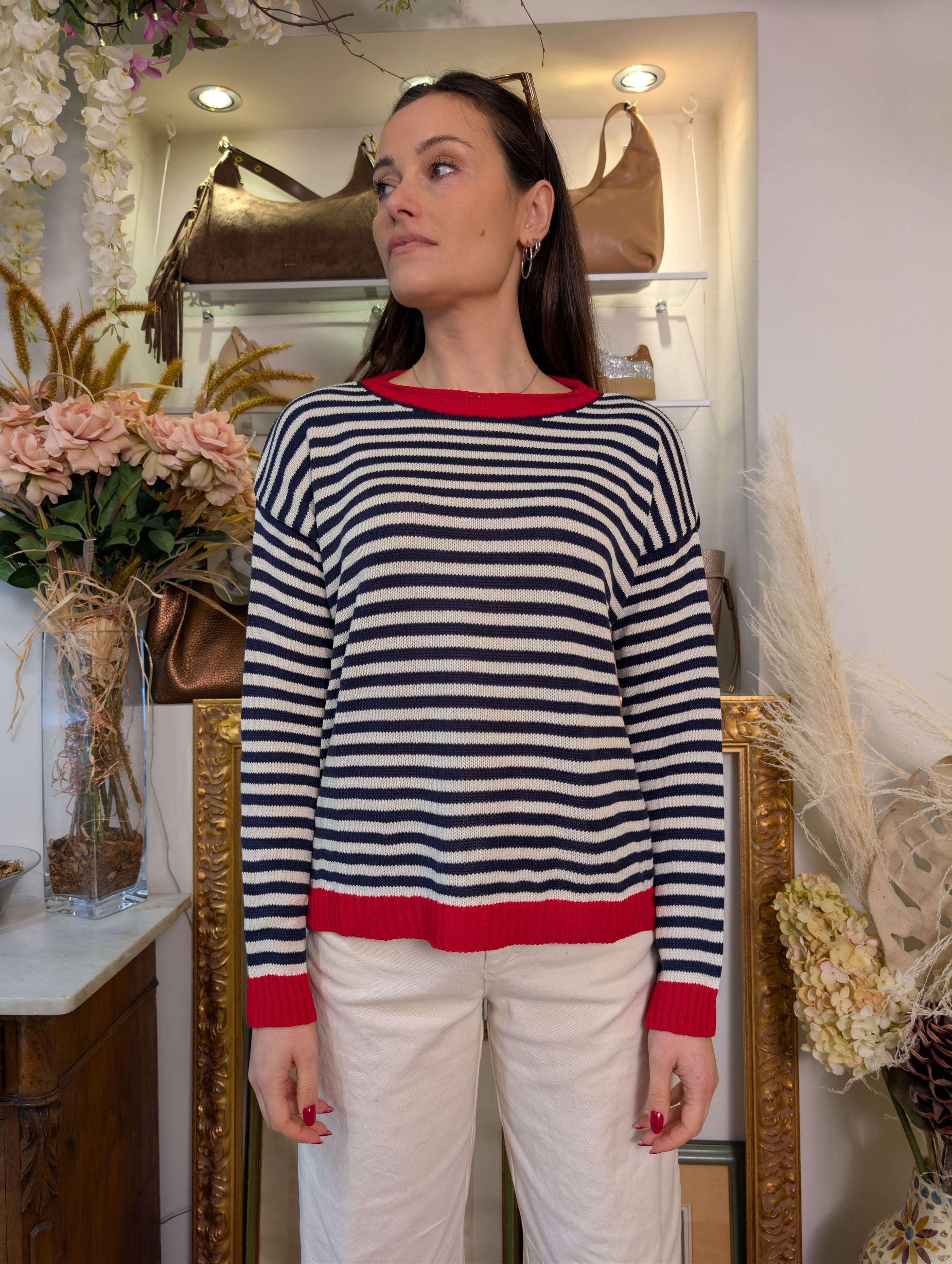 Maglia french stripes collo cratere a contrasto colore - TENSIONE IN