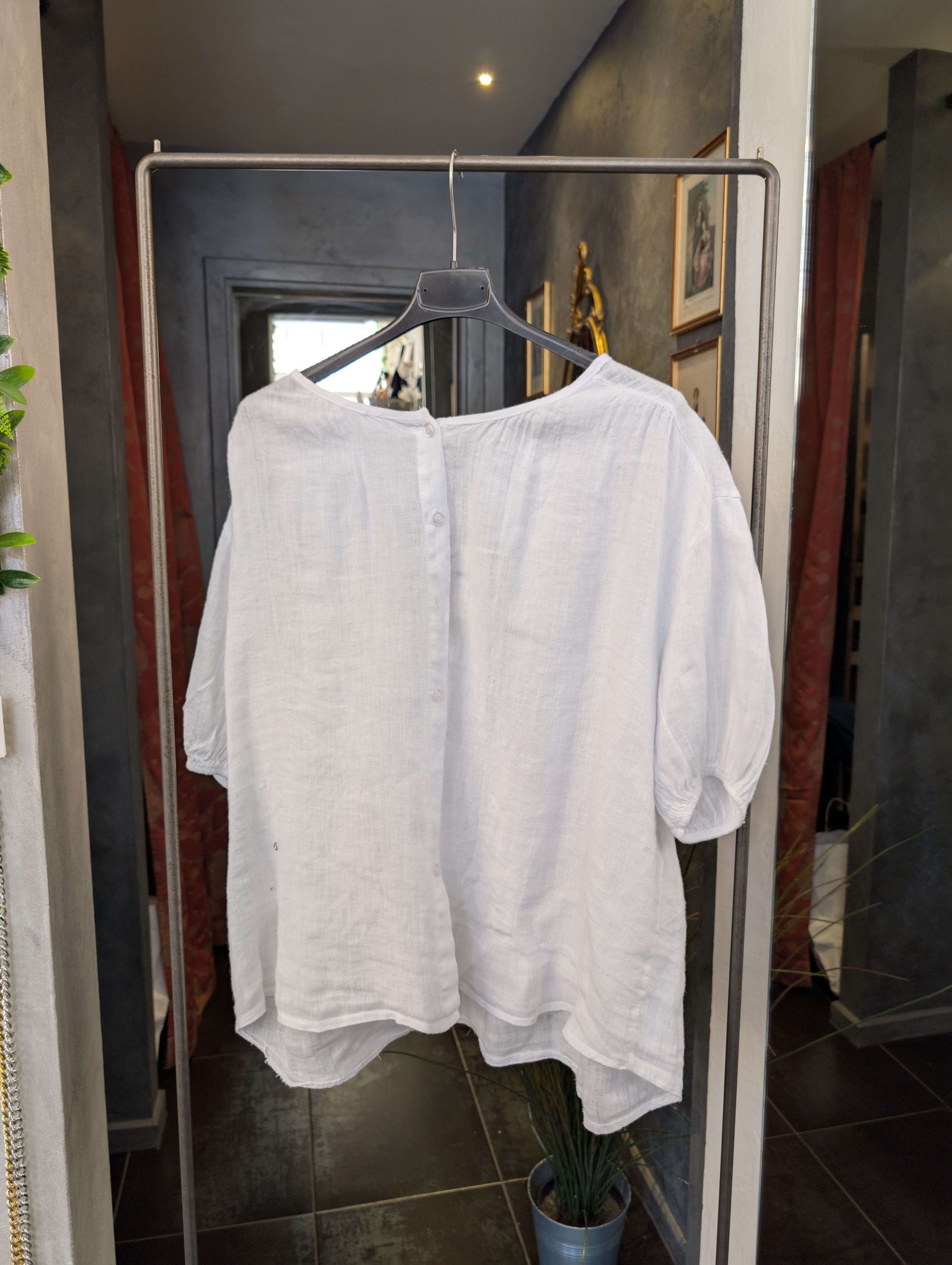 Camicia Ampia in Lino con Collo alla Coreana -