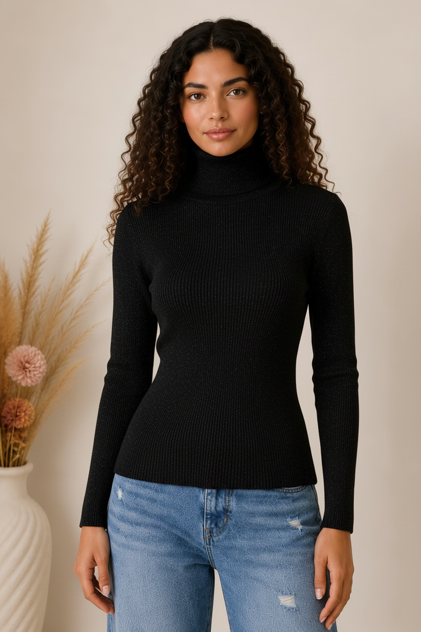 Maglia collo alto basica in costina con lurex - LE SARTE DEL SOLE