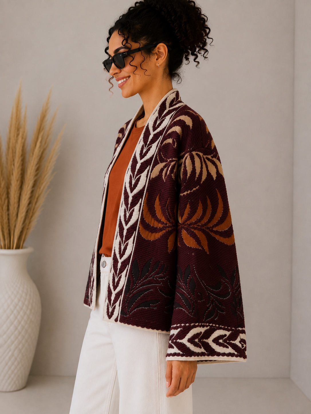 Cardigan jacquard fantasia foglie - VICOLO