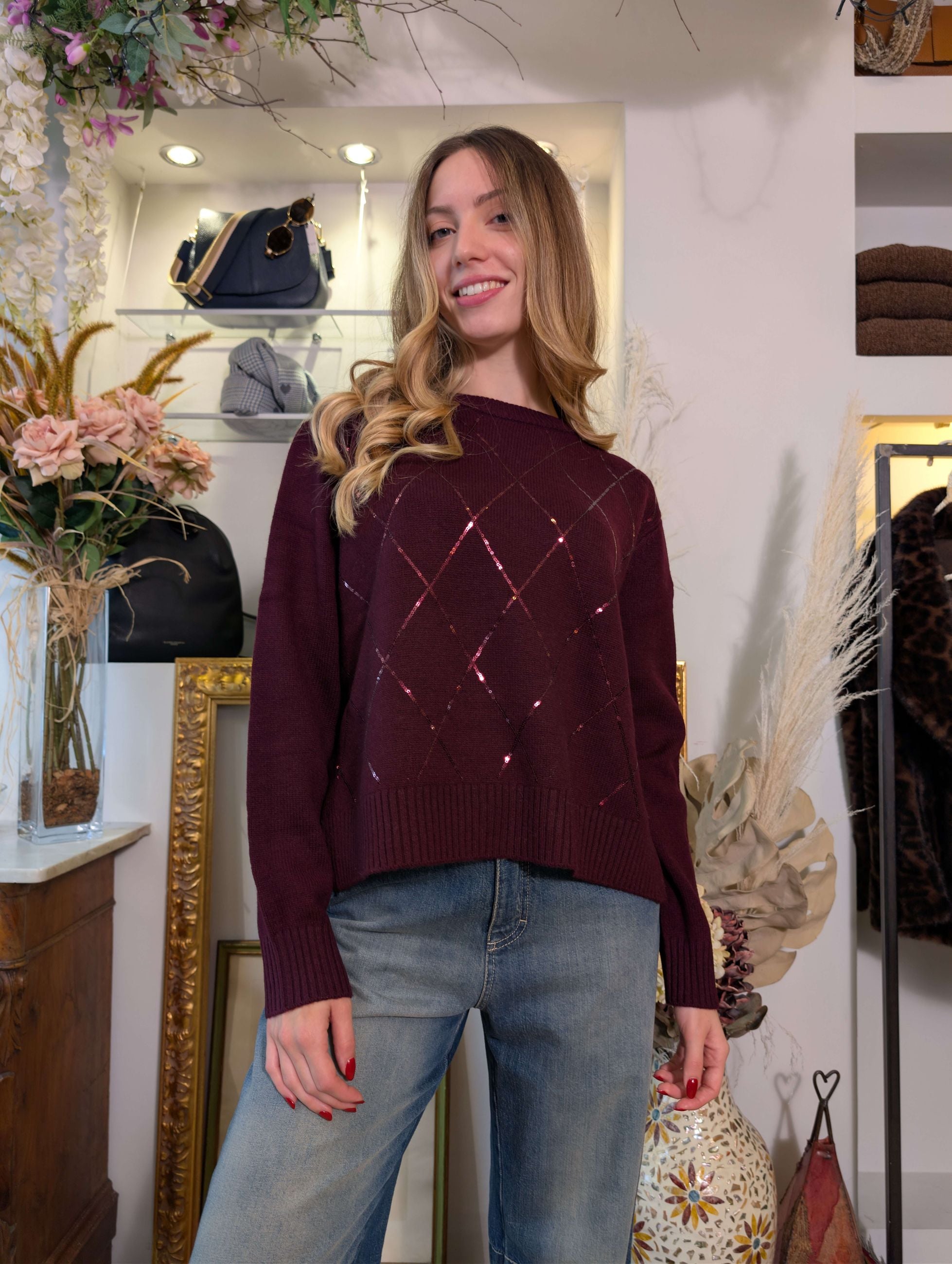 Maglia in pura lana con rombi di micropaillettes - SHE_FLORENCE_LAB