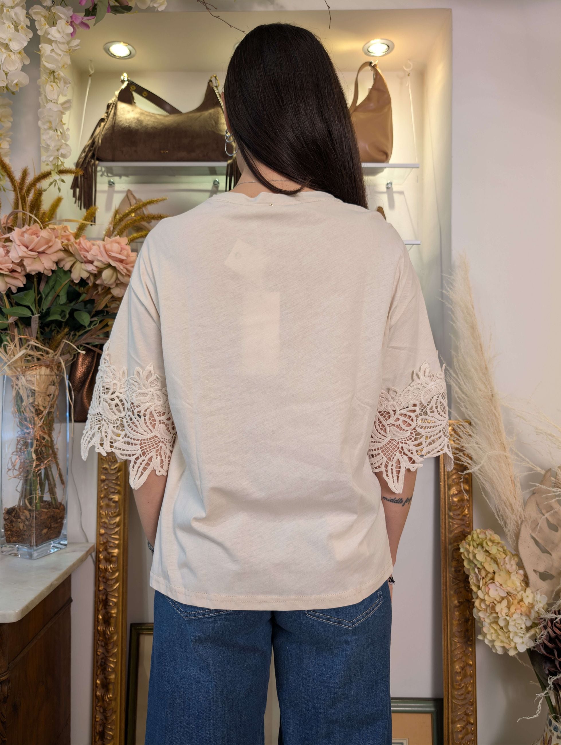 Blusa con pizzo macramé alle maniche Le Sarte del Sole - LE SARTE DEL SOLE