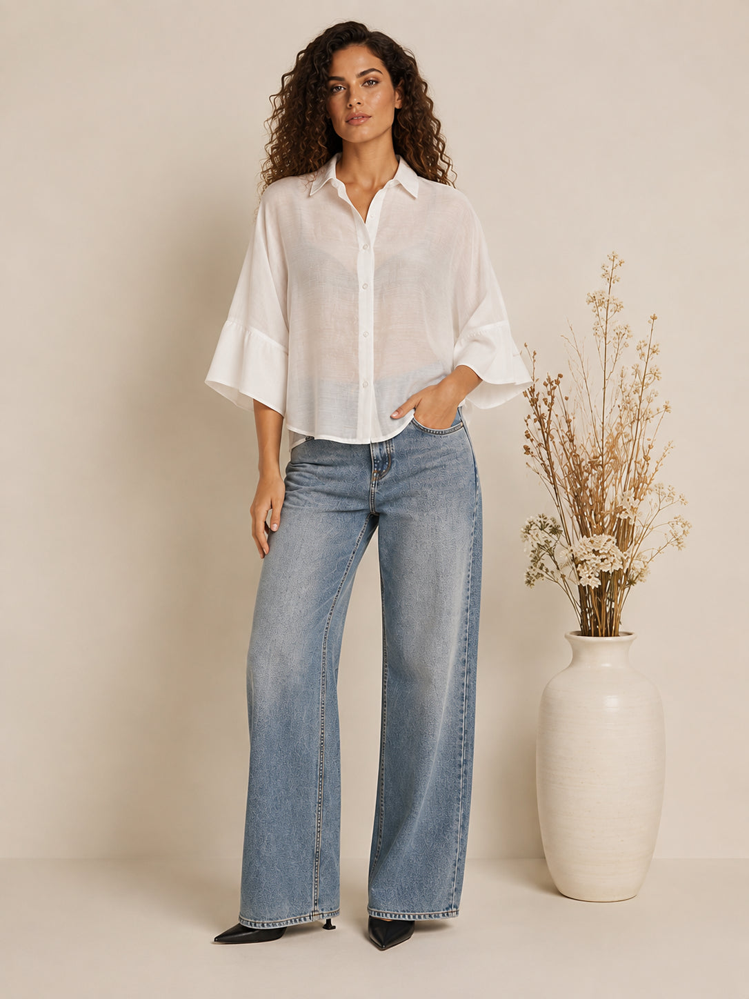 Camicia over semitrasparente con maniche a volant - SHE_FLORENCE_LAB