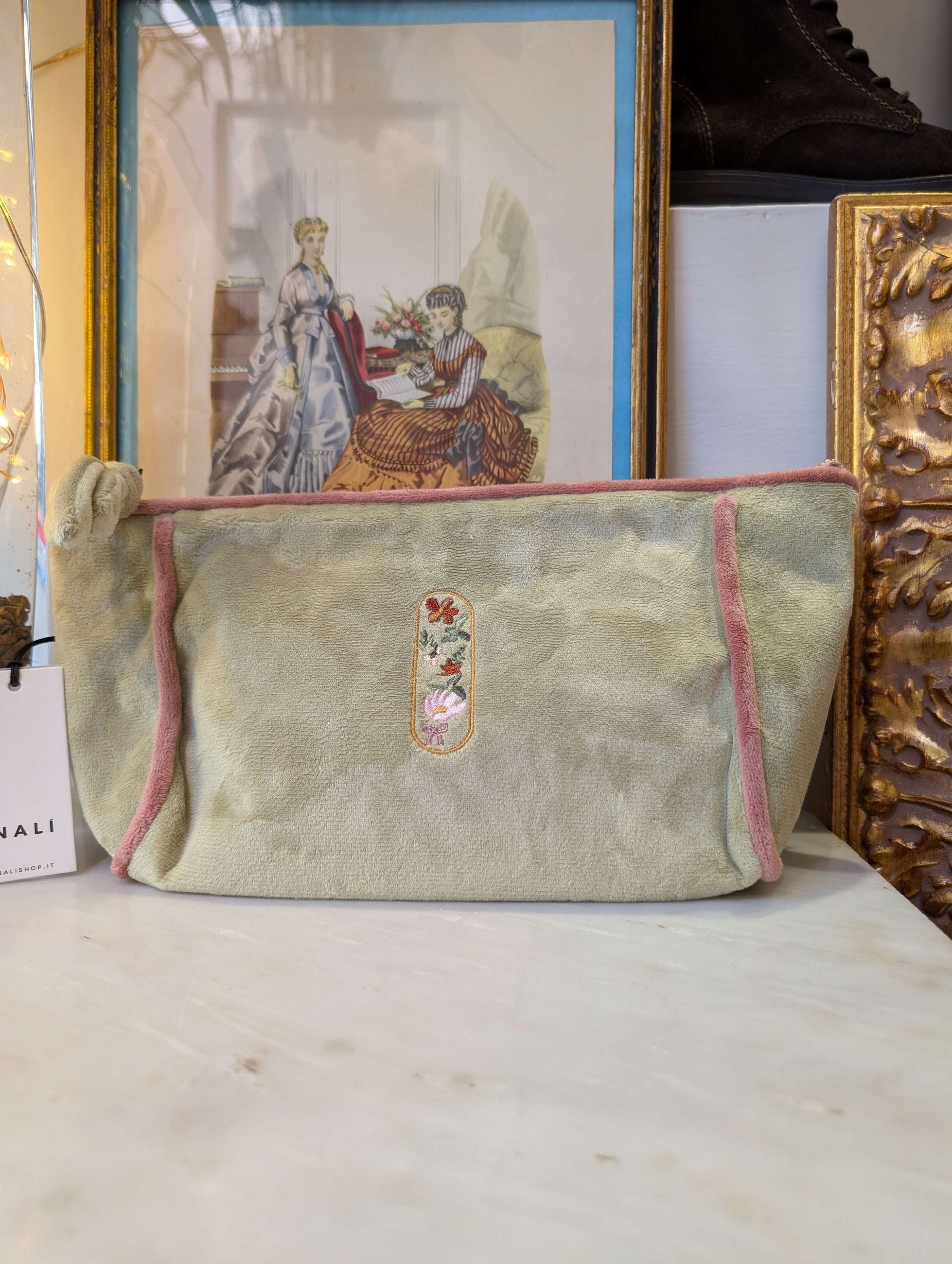 POUCH EMBROIDERY LETTERA I VERDE/ROSA - NALI'