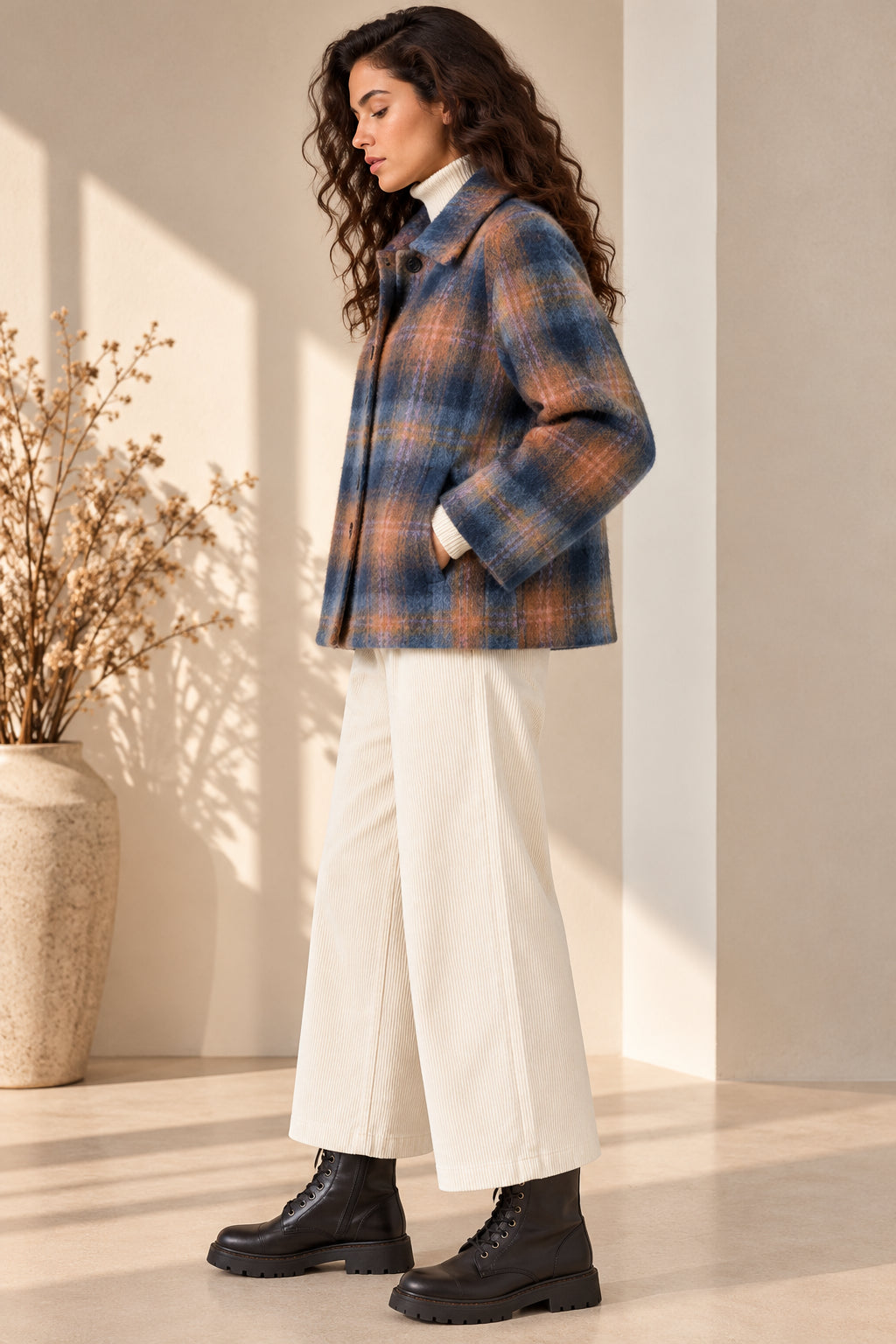 Cropped Coat Check Multicolor in misto lana - SHE_FLORENCE_LAB