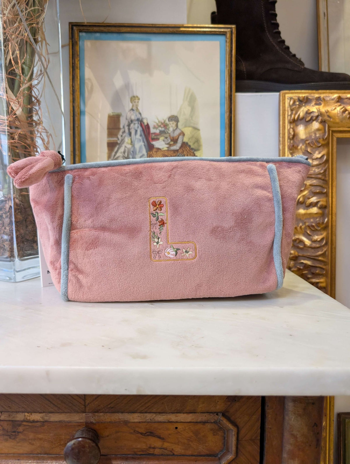 POUCH EMBROIDERY LETTERA L ROSA/GRIGIO - NALI'
